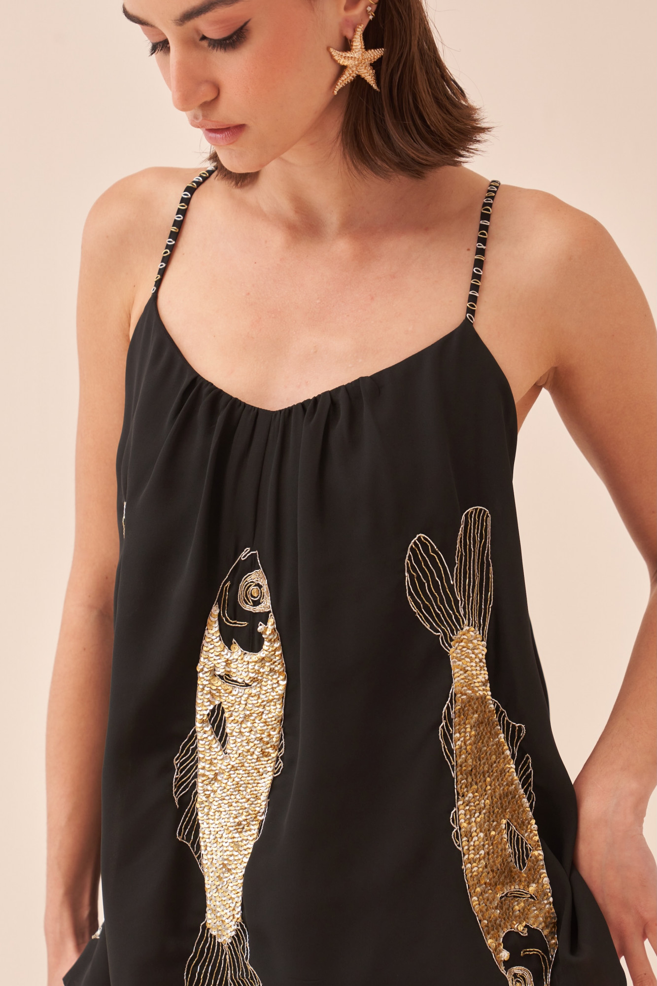 CASABLANCA BLACK COLOUR TOP WITH SEQUIN AND DABKA HAND EMBROIDERED FISH MOTIF