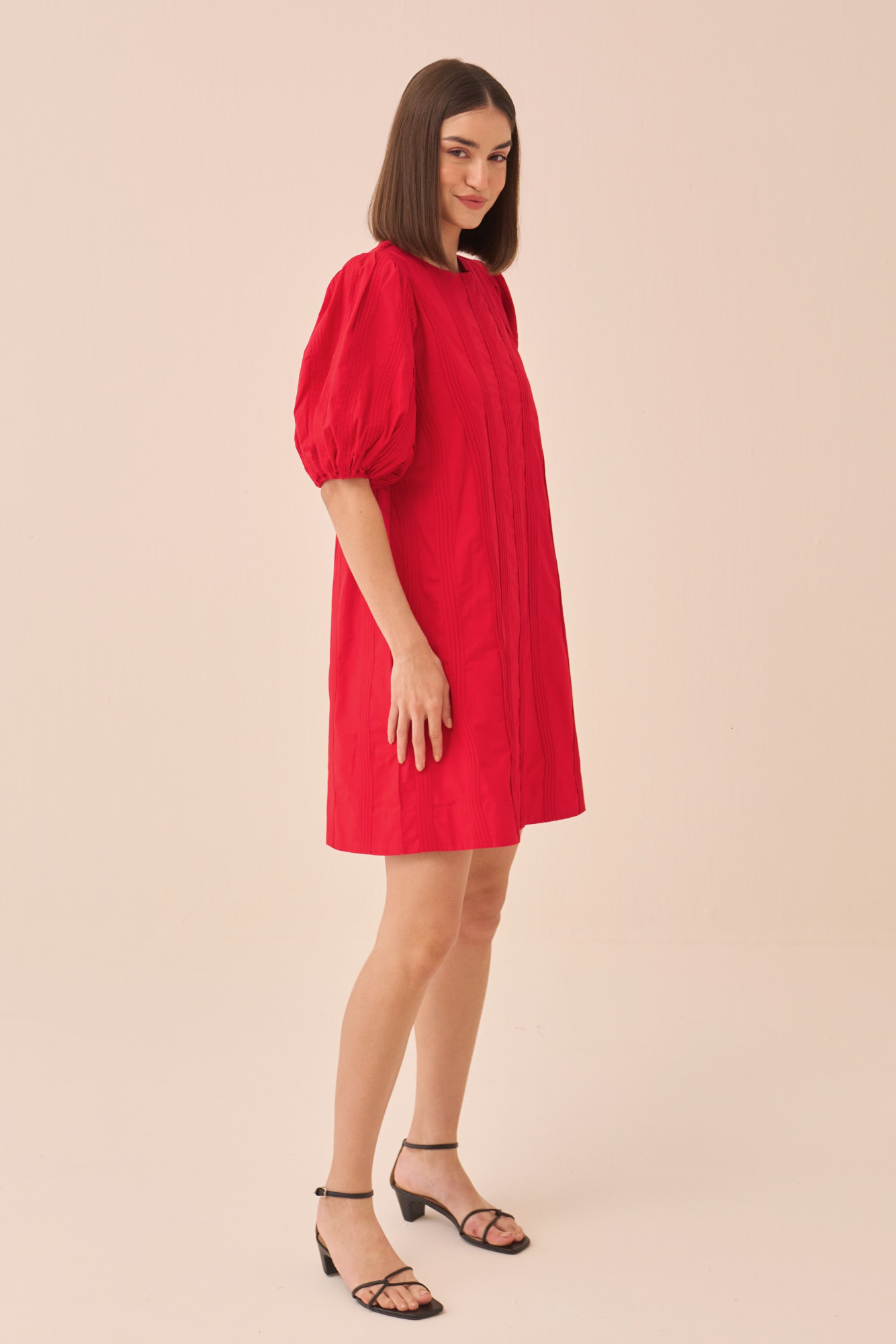 CASABLANCA RED COTTON POPLIN KNEE LENGTH DRESS WITH SELF FABRIC PIPING DETAILING