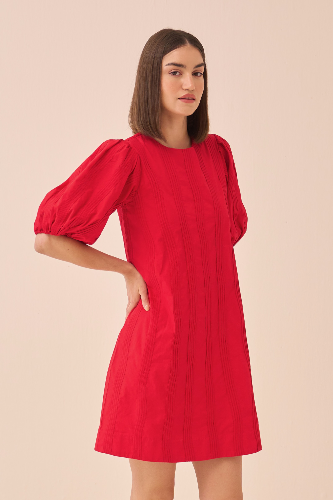 CASABLANCA RED COTTON POPLIN KNEE LENGTH DRESS WITH SELF FABRIC PIPING DETAILING