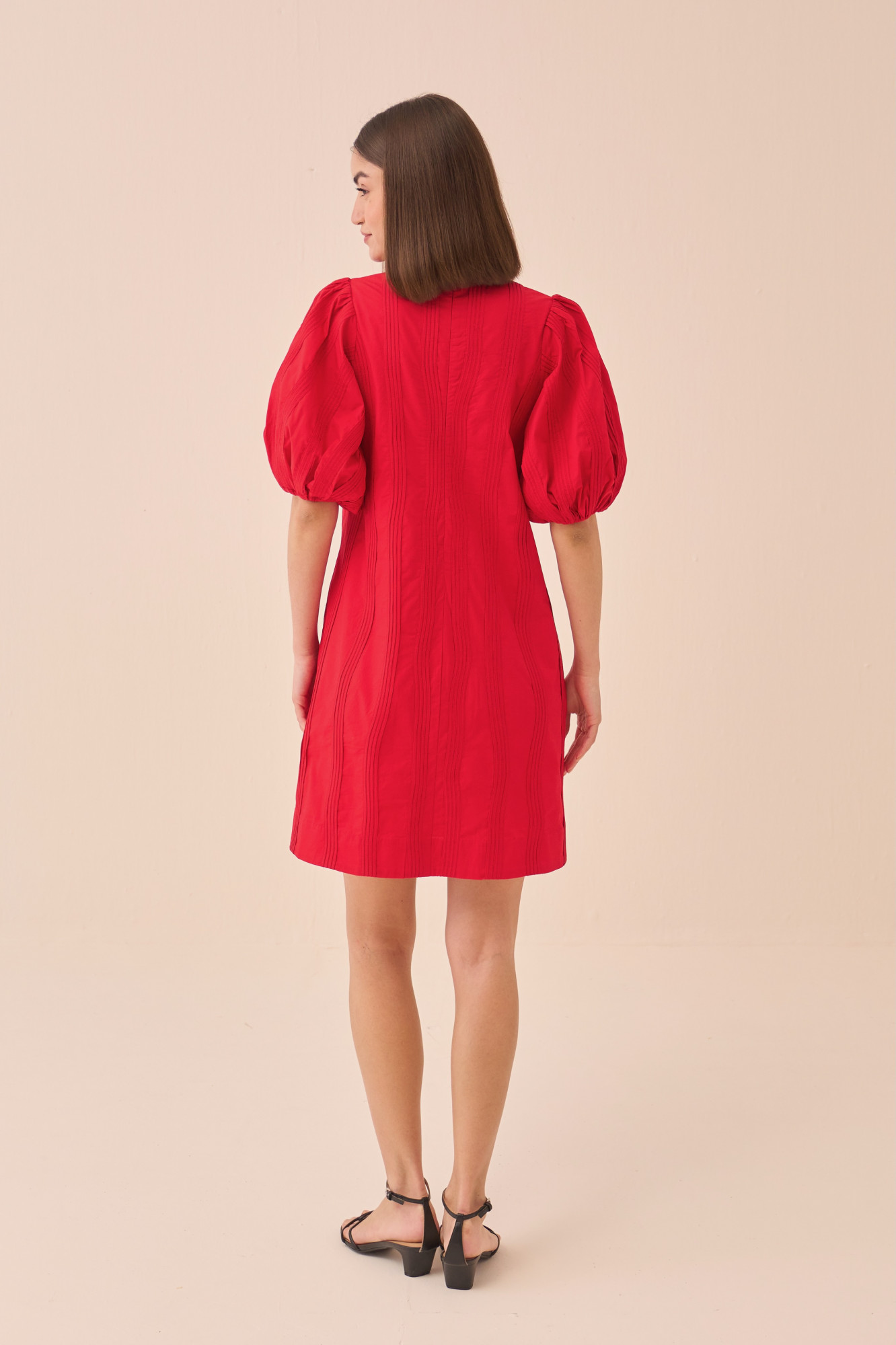 CASABLANCA RED COTTON POPLIN KNEE LENGTH DRESS WITH SELF FABRIC PIPING DETAILING