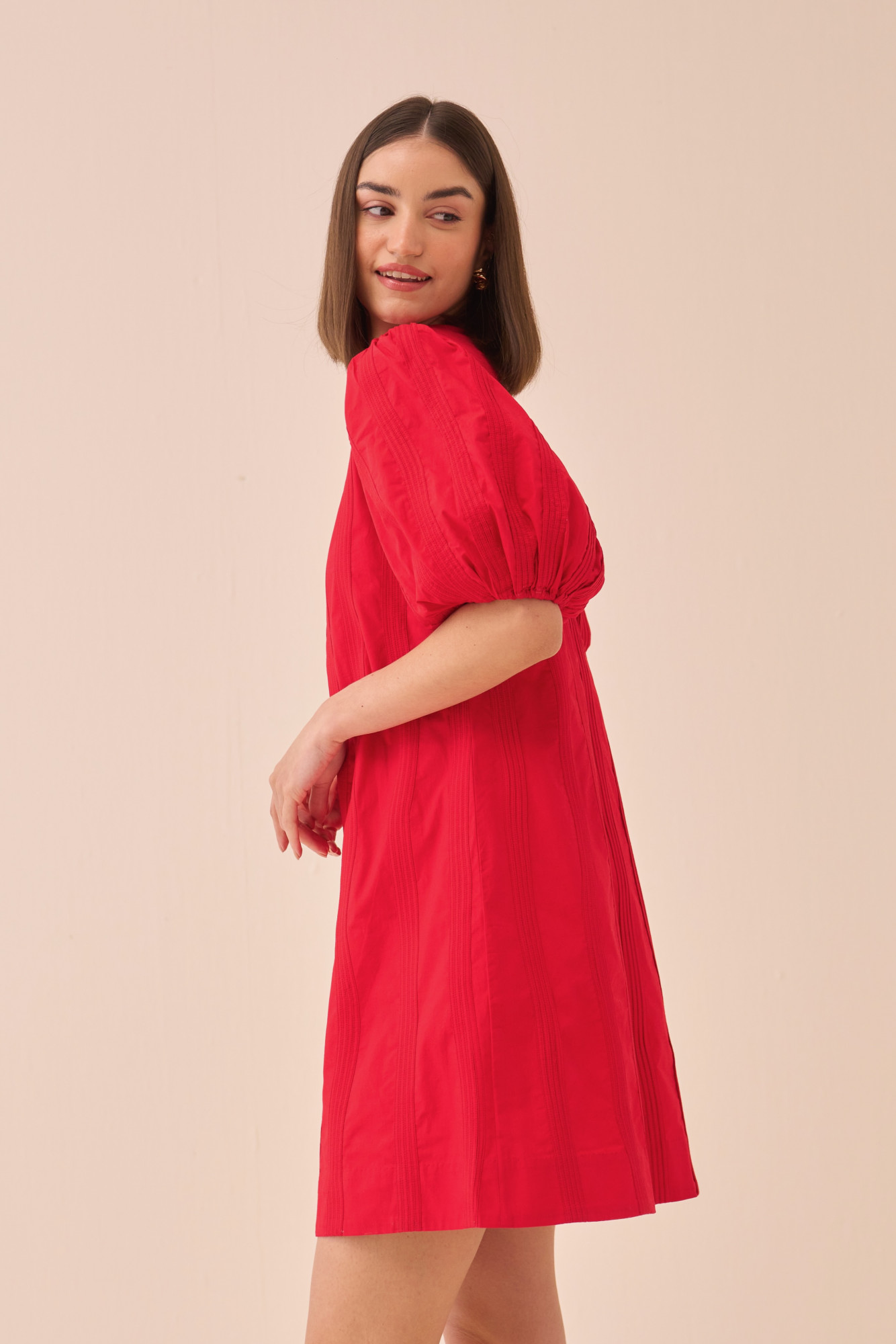 CASABLANCA RED COTTON POPLIN KNEE LENGTH DRESS WITH SELF FABRIC PIPING DETAILING