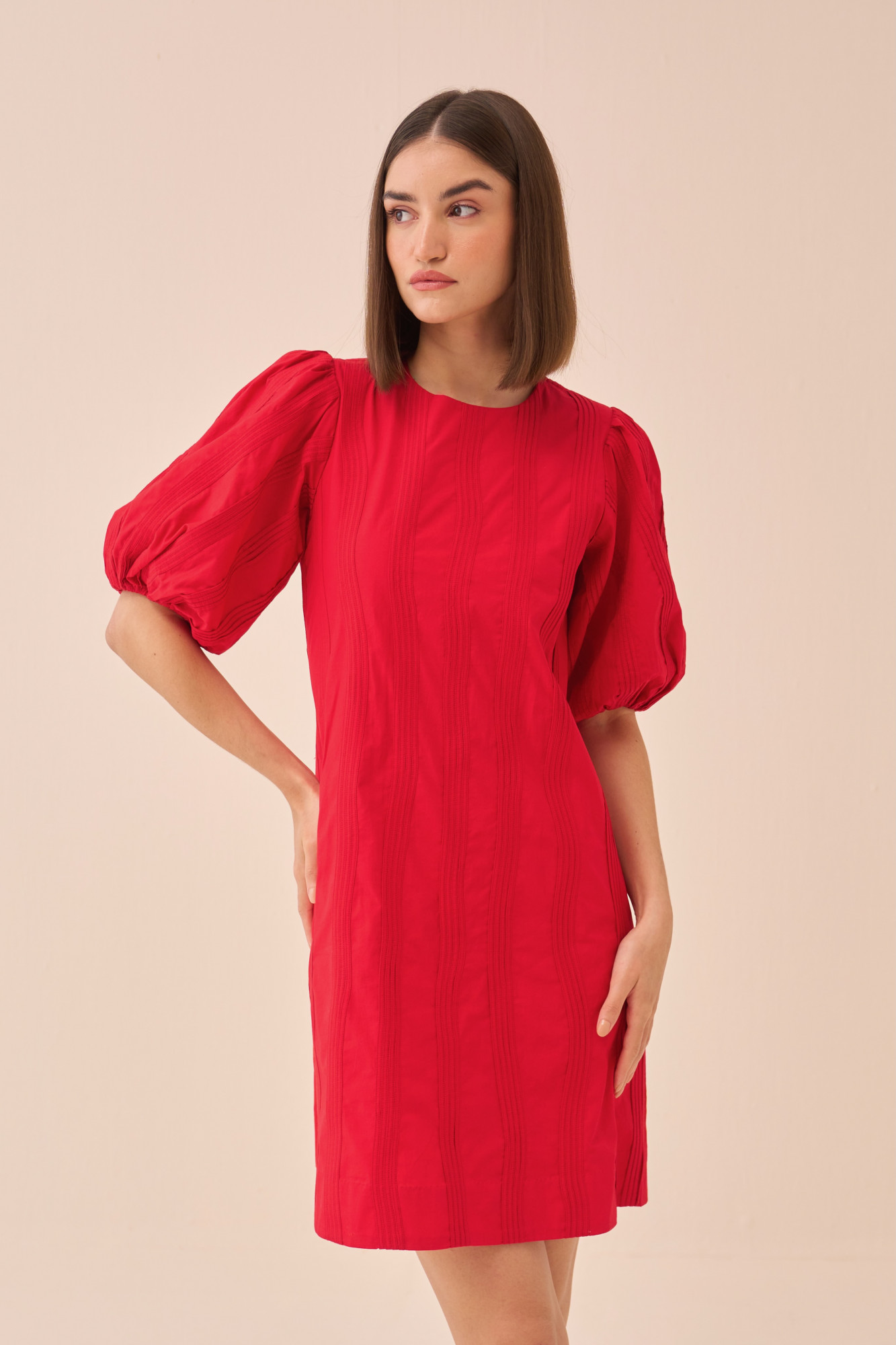 CASABLANCA RED COTTON POPLIN KNEE LENGTH DRESS WITH SELF FABRIC PIPING DETAILING