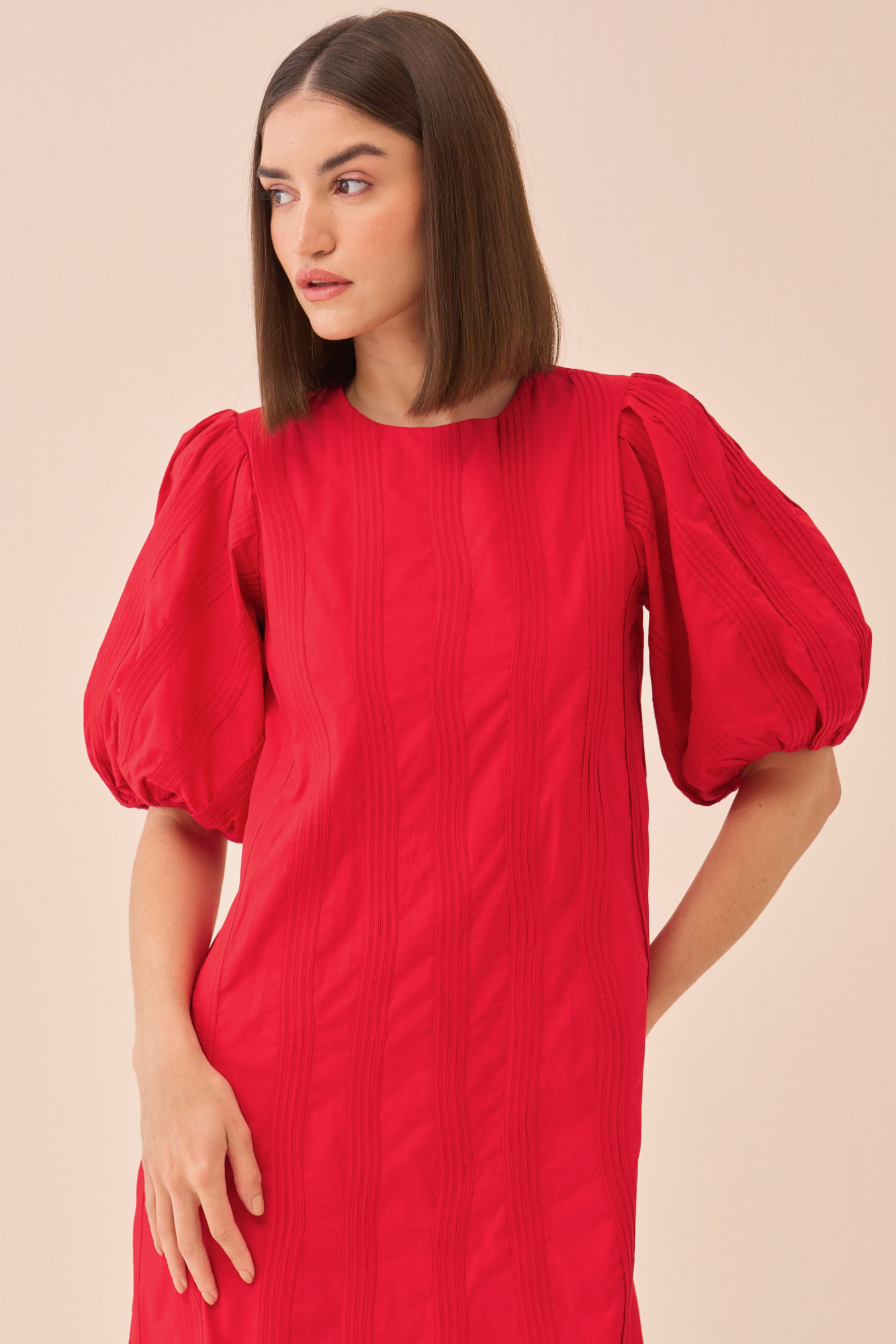 CASABLANCA RED COTTON POPLIN KNEE LENGTH DRESS WITH SELF FABRIC PIPING DETAILING