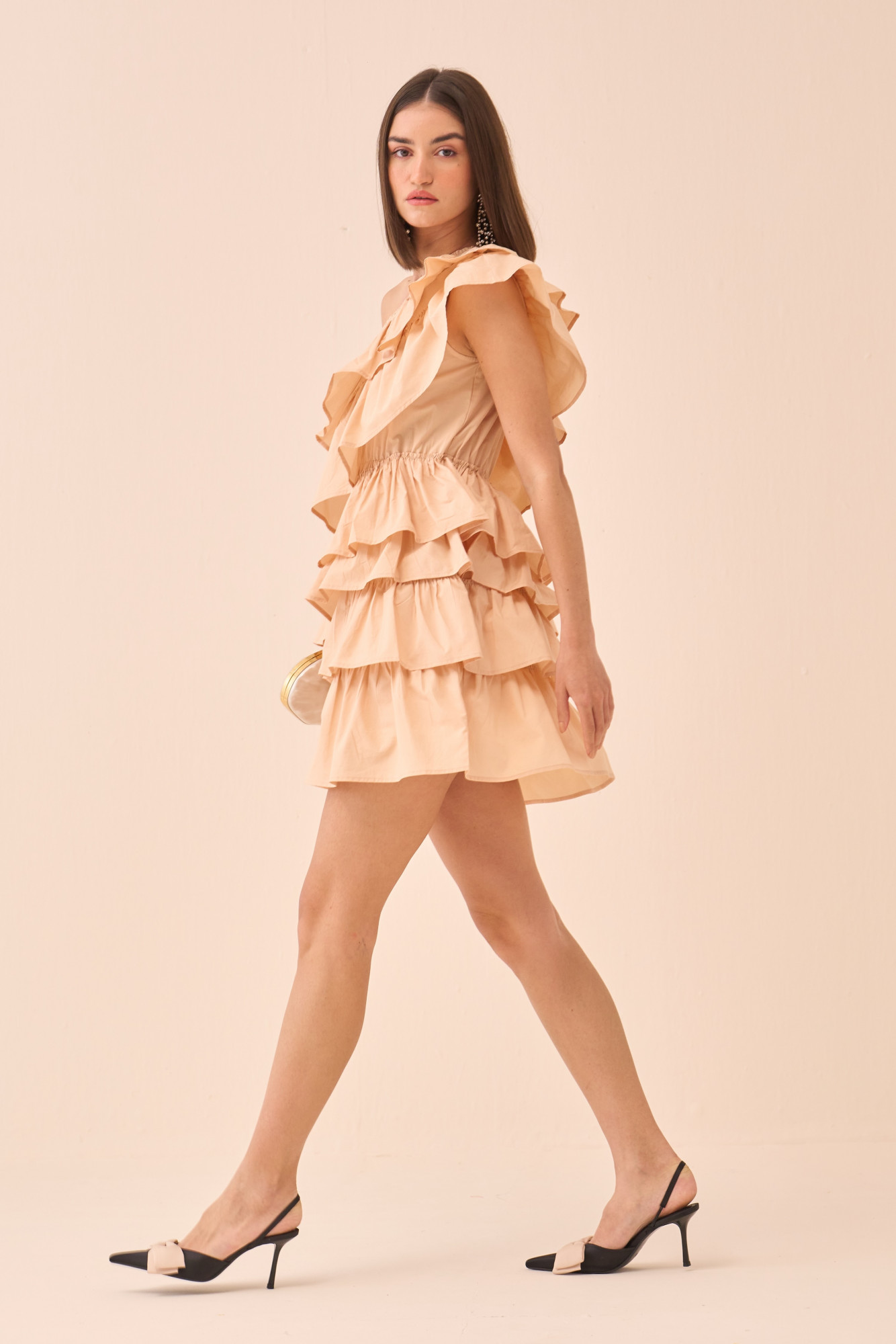 CASABLANCA ECRU COLOUR COTTON POPLIN FABRIC ONE SIDE SHOULDER FRILL DRESS