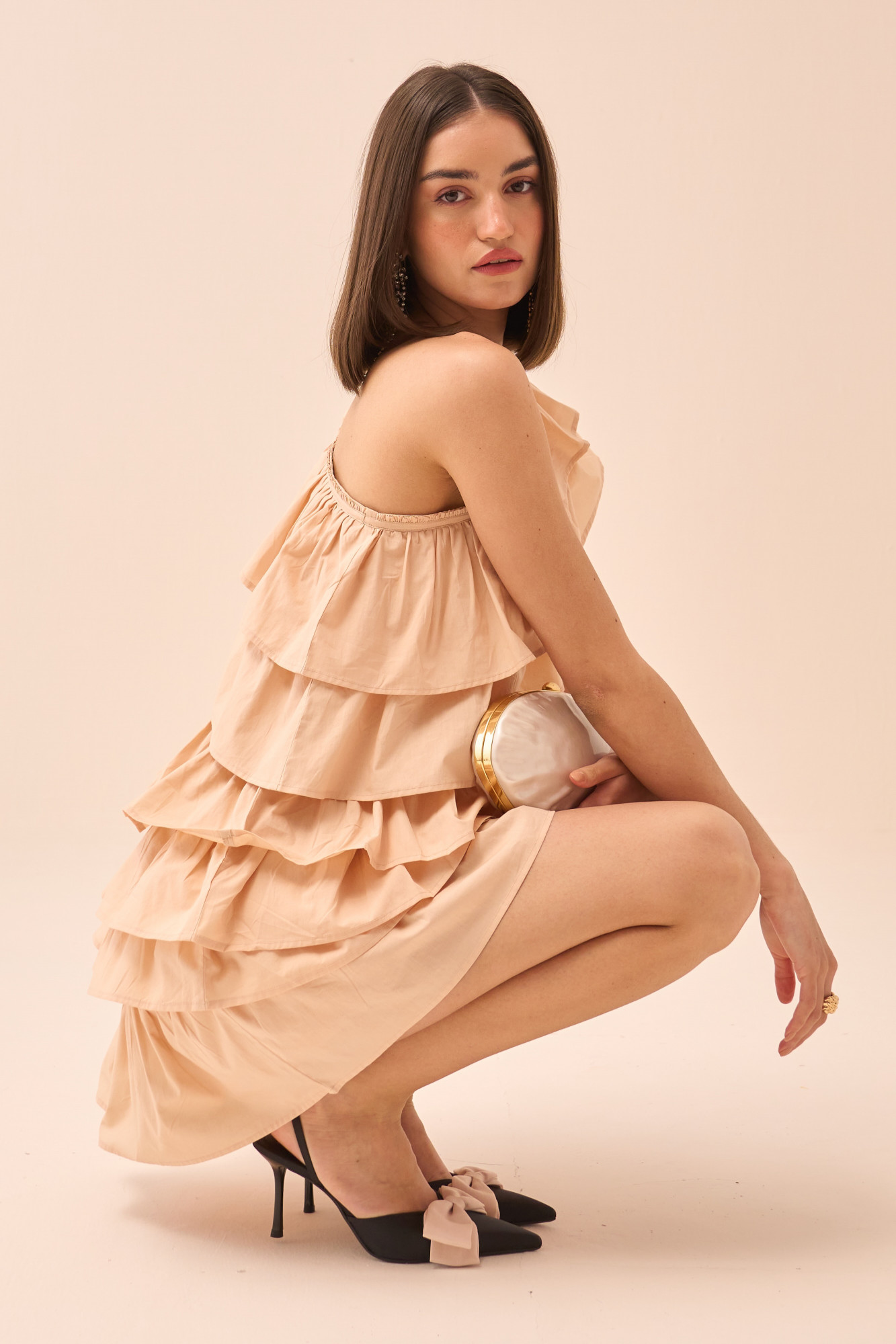 CASABLANCA ECRU COLOUR COTTON POPLIN FABRIC ONE SIDE SHOULDER FRILL DRESS