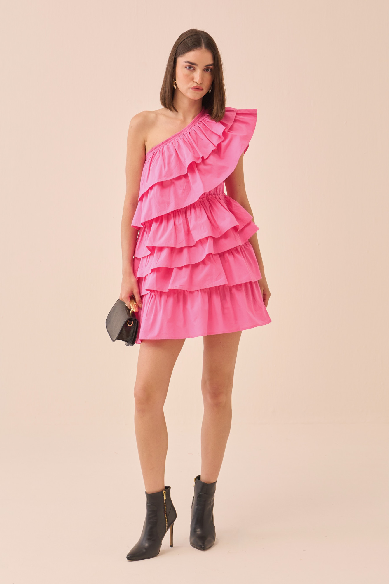 CASABLANCA PINK COLOUR COTTON POPLIN ONE SIDE SHOULDER FRILL DRESS