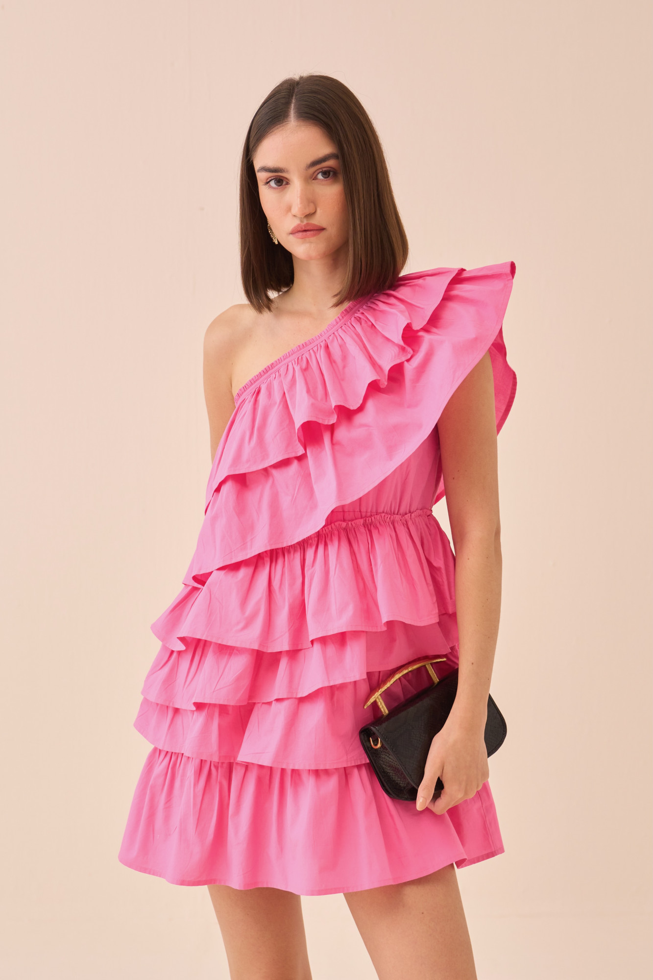 CASABLANCA PINK COLOUR COTTON POPLIN ONE SIDE SHOULDER FRILL DRESS
