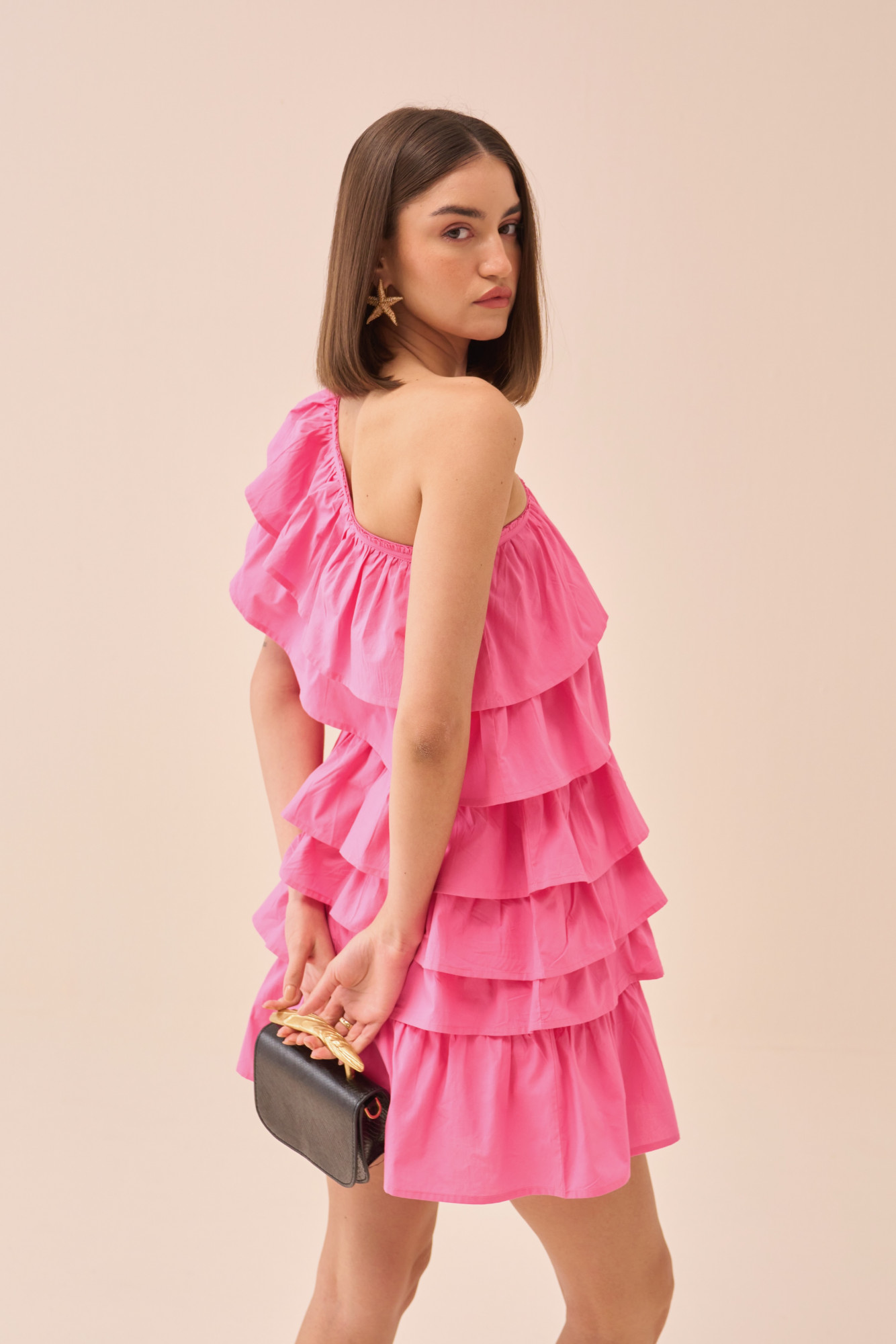CASABLANCA PINK COLOUR COTTON POPLIN ONE SIDE SHOULDER FRILL DRESS