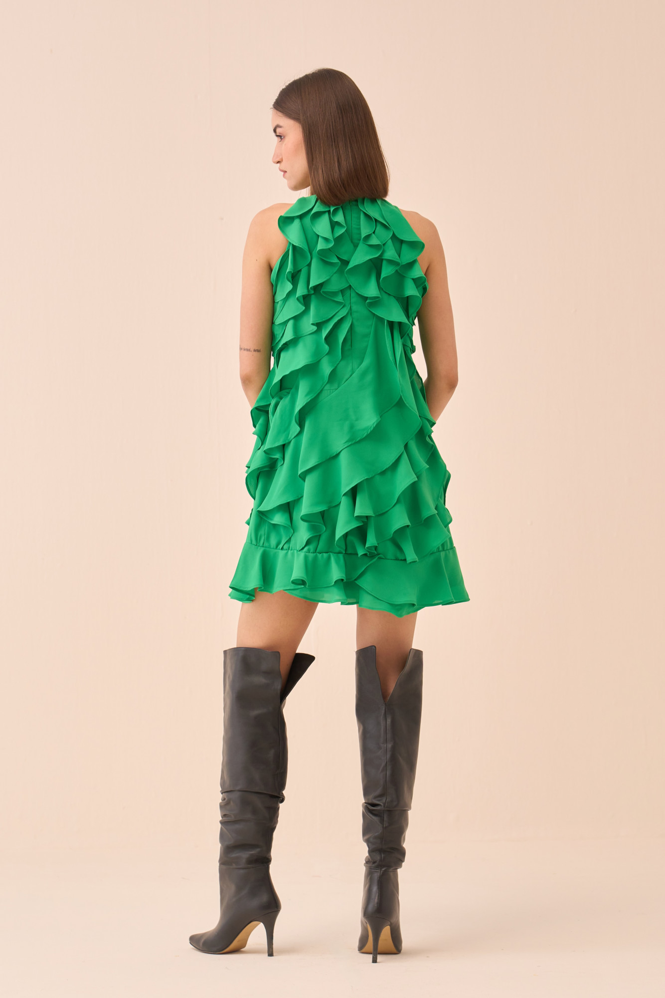 CASABLANCA GREEN COLOUR SLEEVELESS DRESS WITH RUFFLE DETAILING ALL OVER