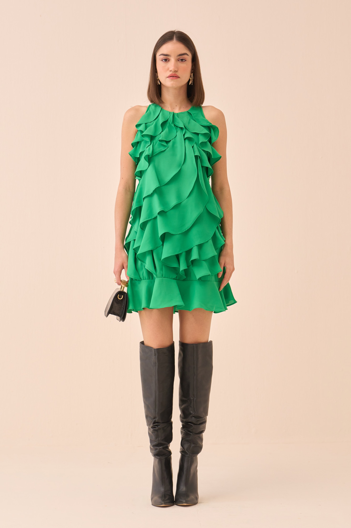 CASABLANCA GREEN COLOUR SLEEVELESS DRESS WITH RUFFLE DETAILING ALL OVER