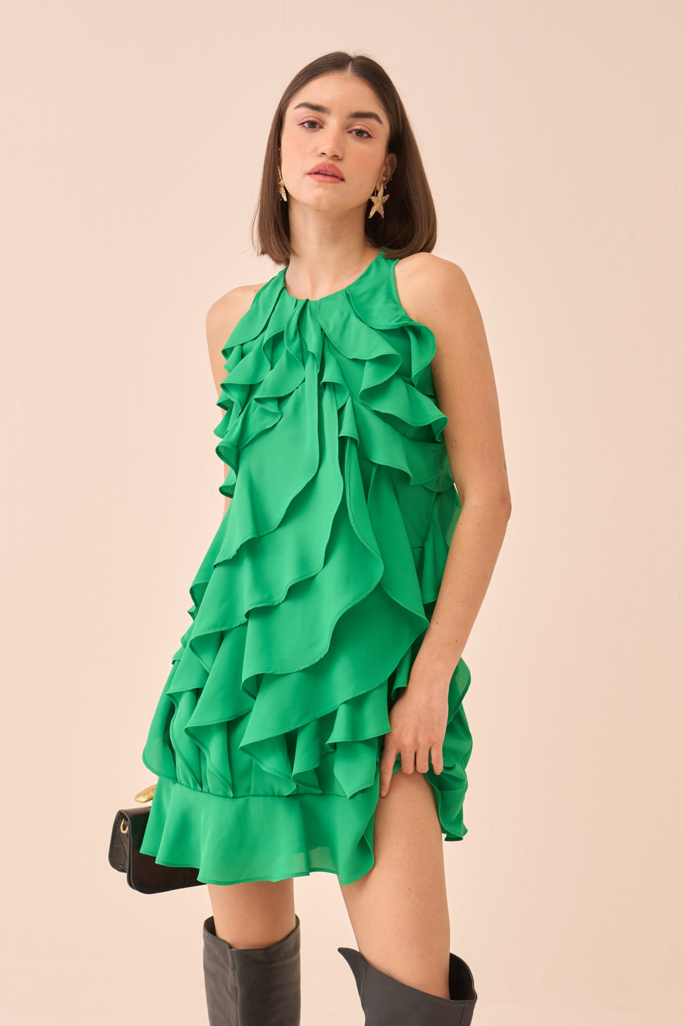 CASABLANCA GREEN COLOUR SLEEVELESS DRESS WITH RUFFLE DETAILING ALL OVER