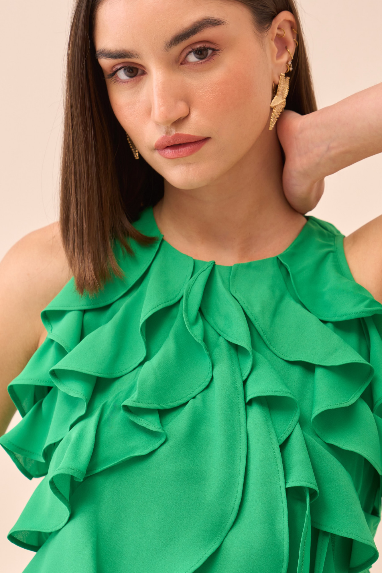 CASABLANCA GREEN COLOUR SLEEVELESS DRESS WITH RUFFLE DETAILING ALL OVER