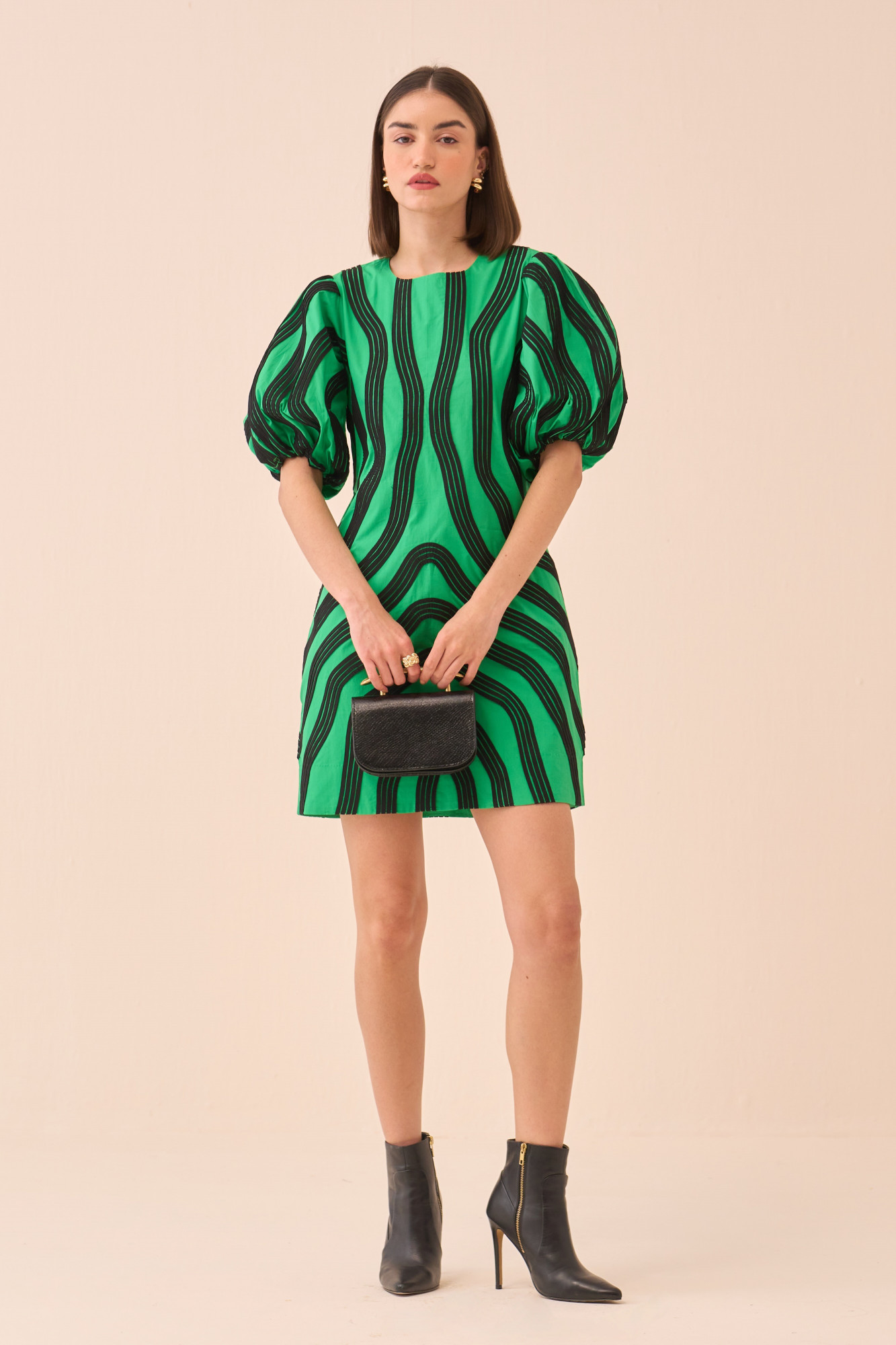 CASABLANCA GREEN COLOUR COTTON POPLIN DRESS WITH BLACK PIPING DETAILING ALL OVER
