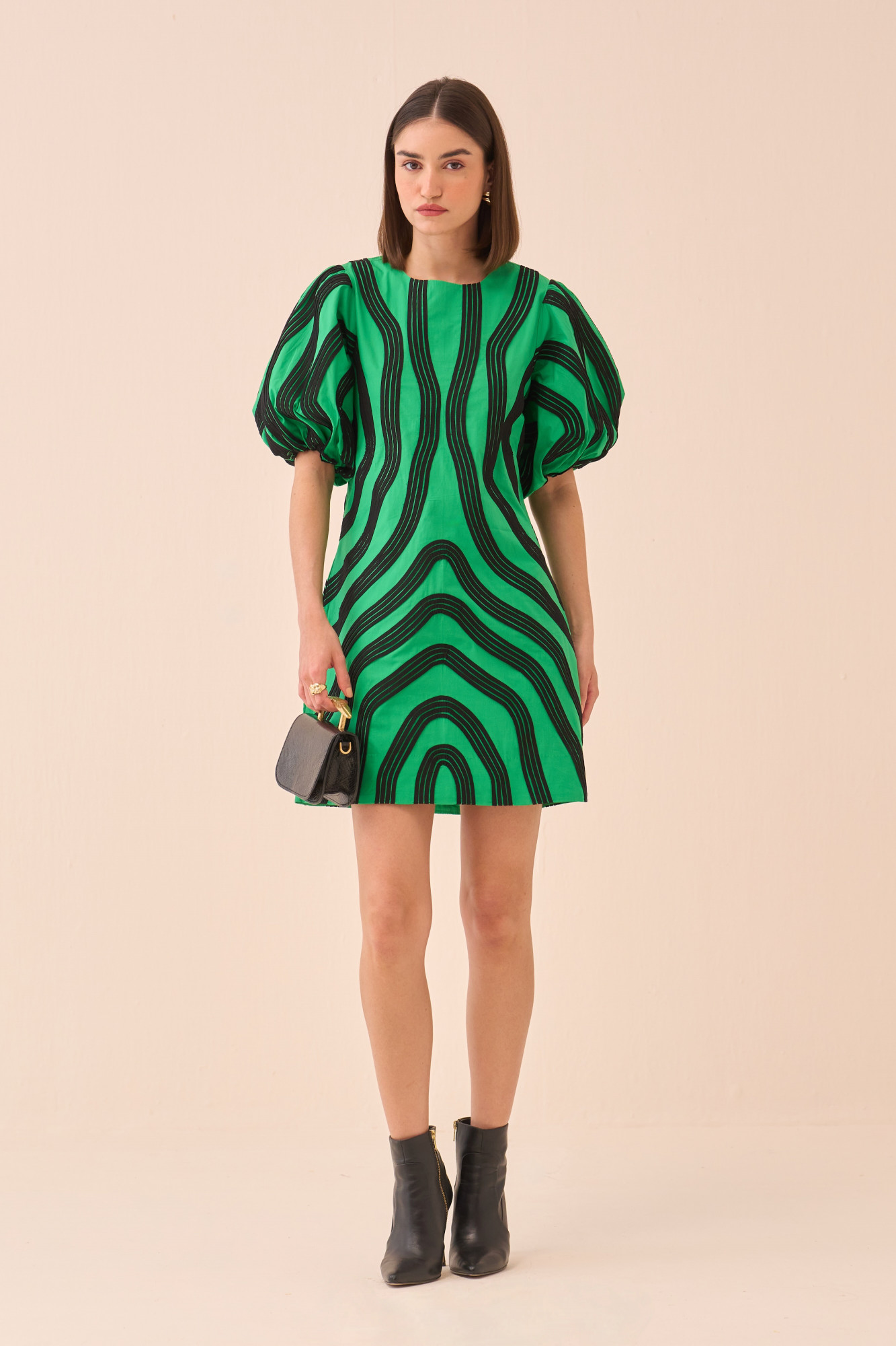 CASABLANCA GREEN COLOUR COTTON POPLIN DRESS WITH BLACK PIPING DETAILING ALL OVER