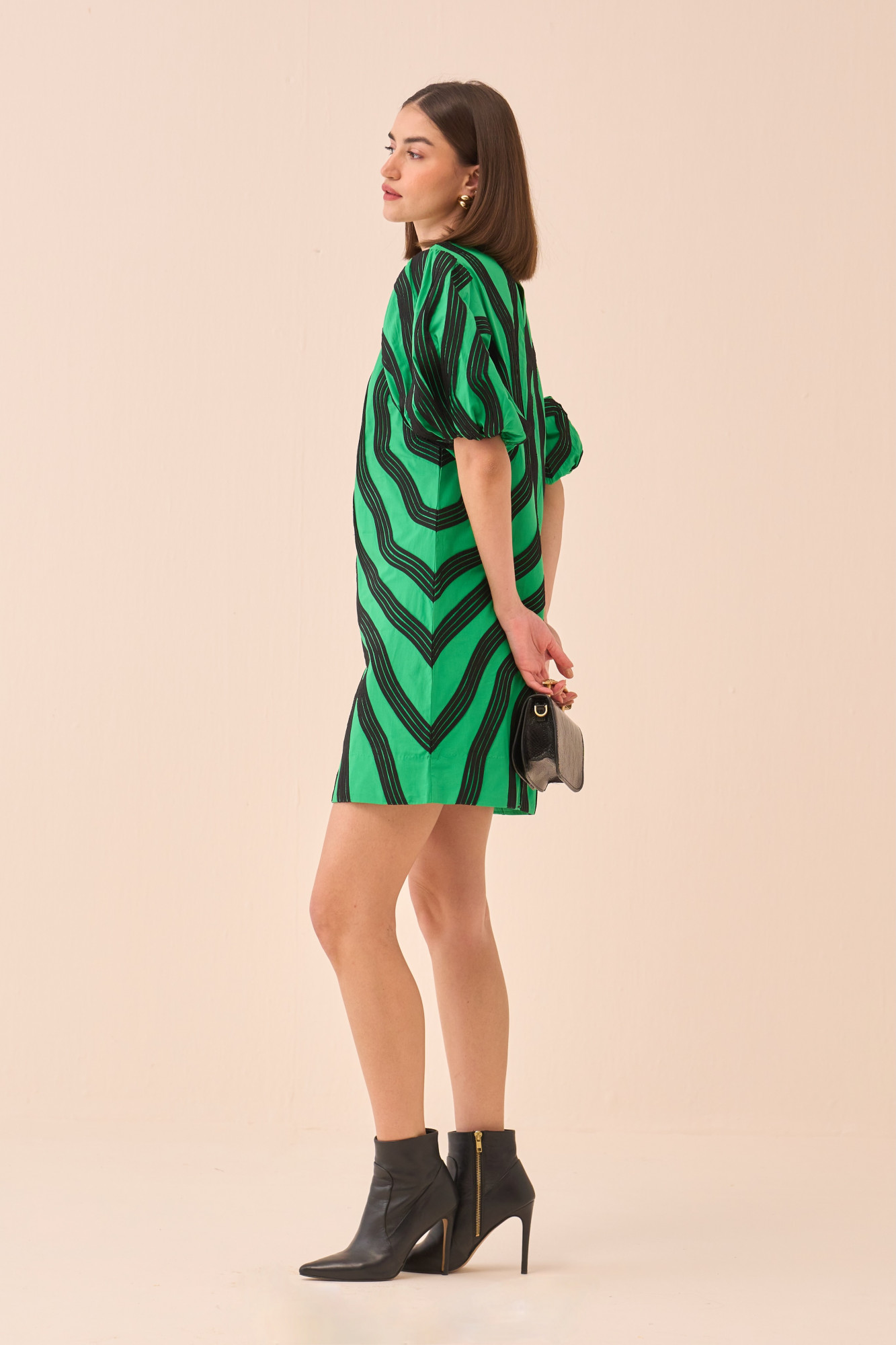 CASABLANCA GREEN COLOUR COTTON POPLIN DRESS WITH BLACK PIPING DETAILING ALL OVER