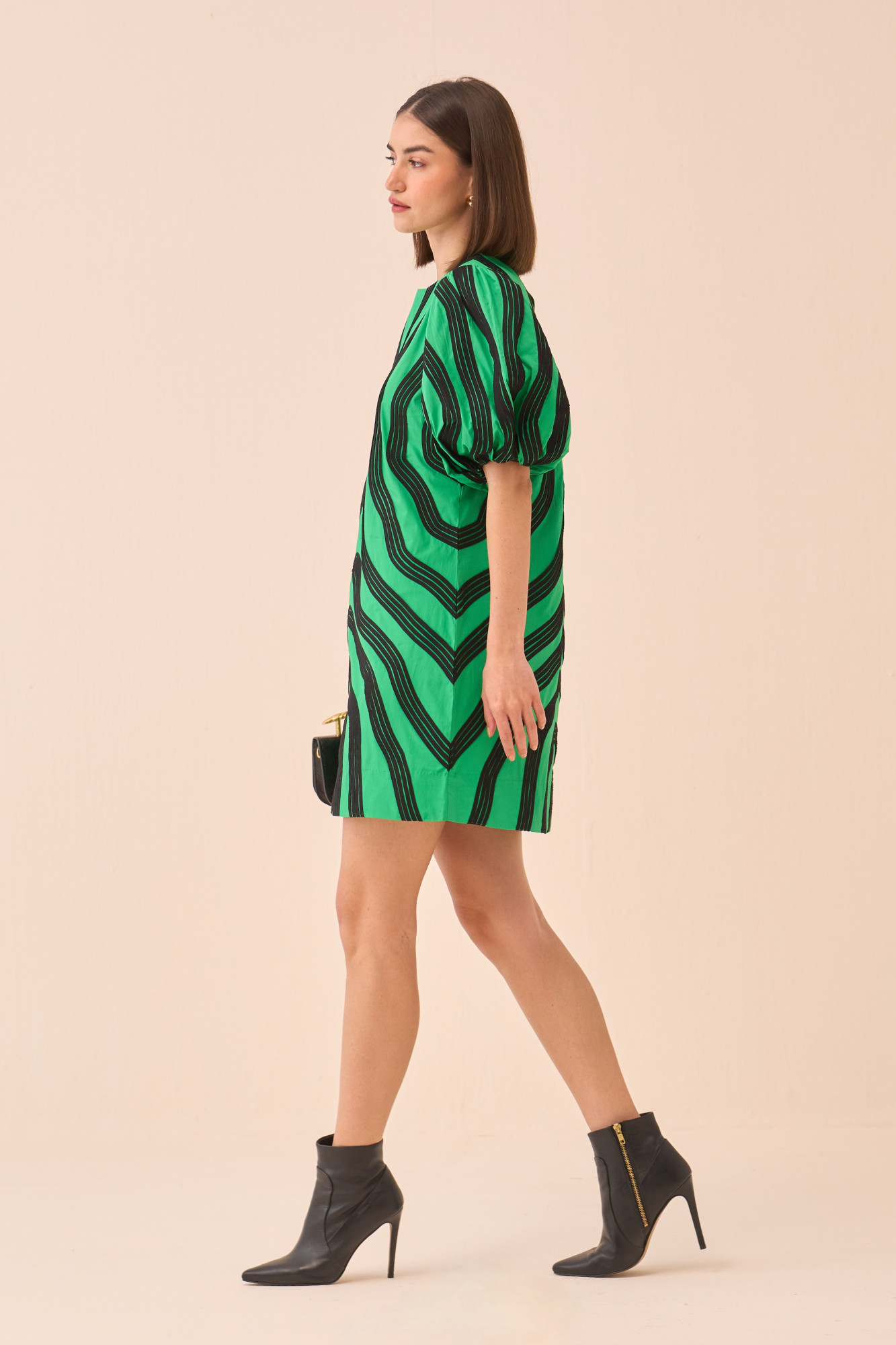 CASABLANCA GREEN COLOUR COTTON POPLIN DRESS WITH BLACK PIPING DETAILING ALL OVER