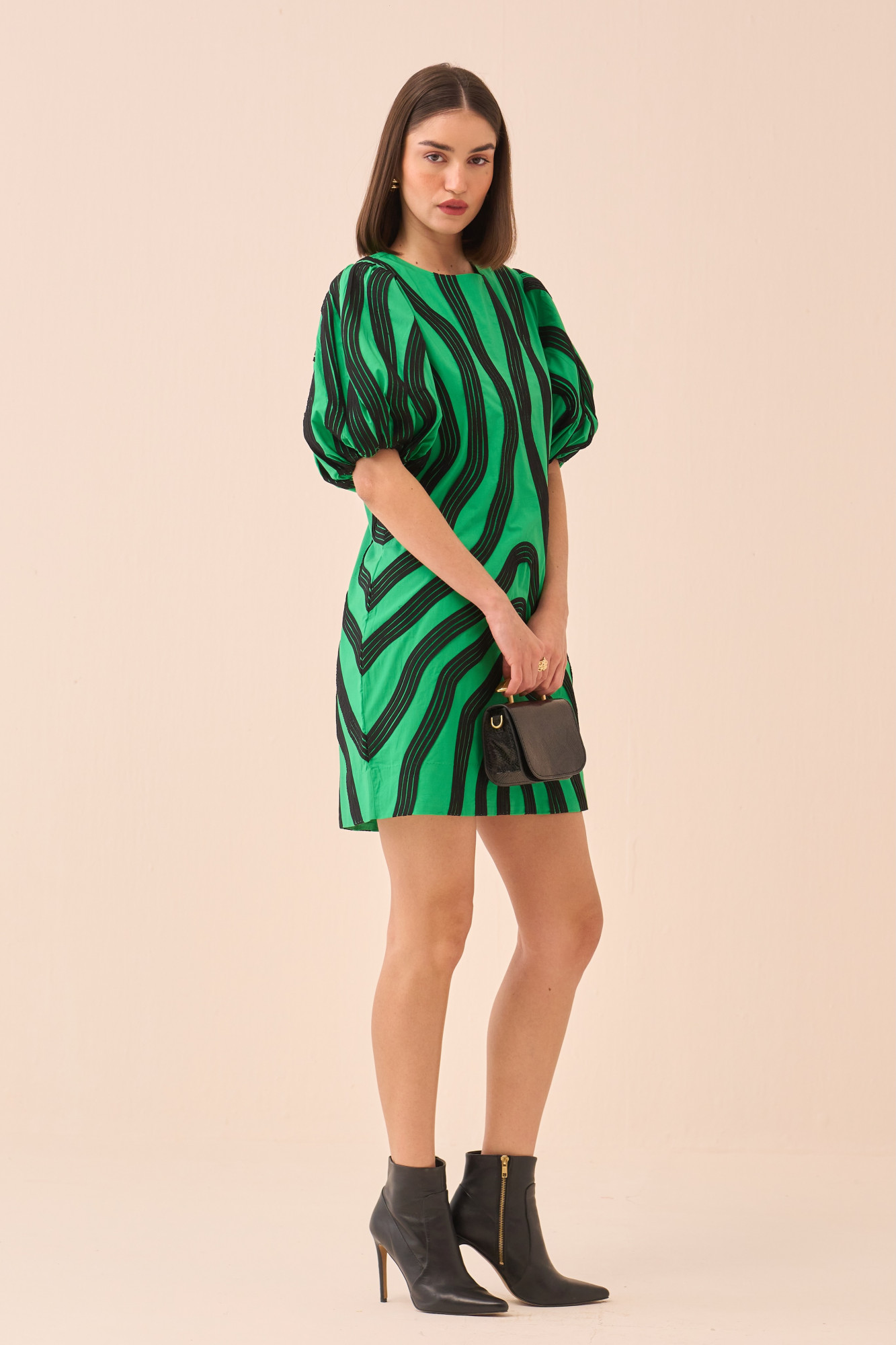 CASABLANCA GREEN COLOUR COTTON POPLIN DRESS WITH BLACK PIPING DETAILING ALL OVER