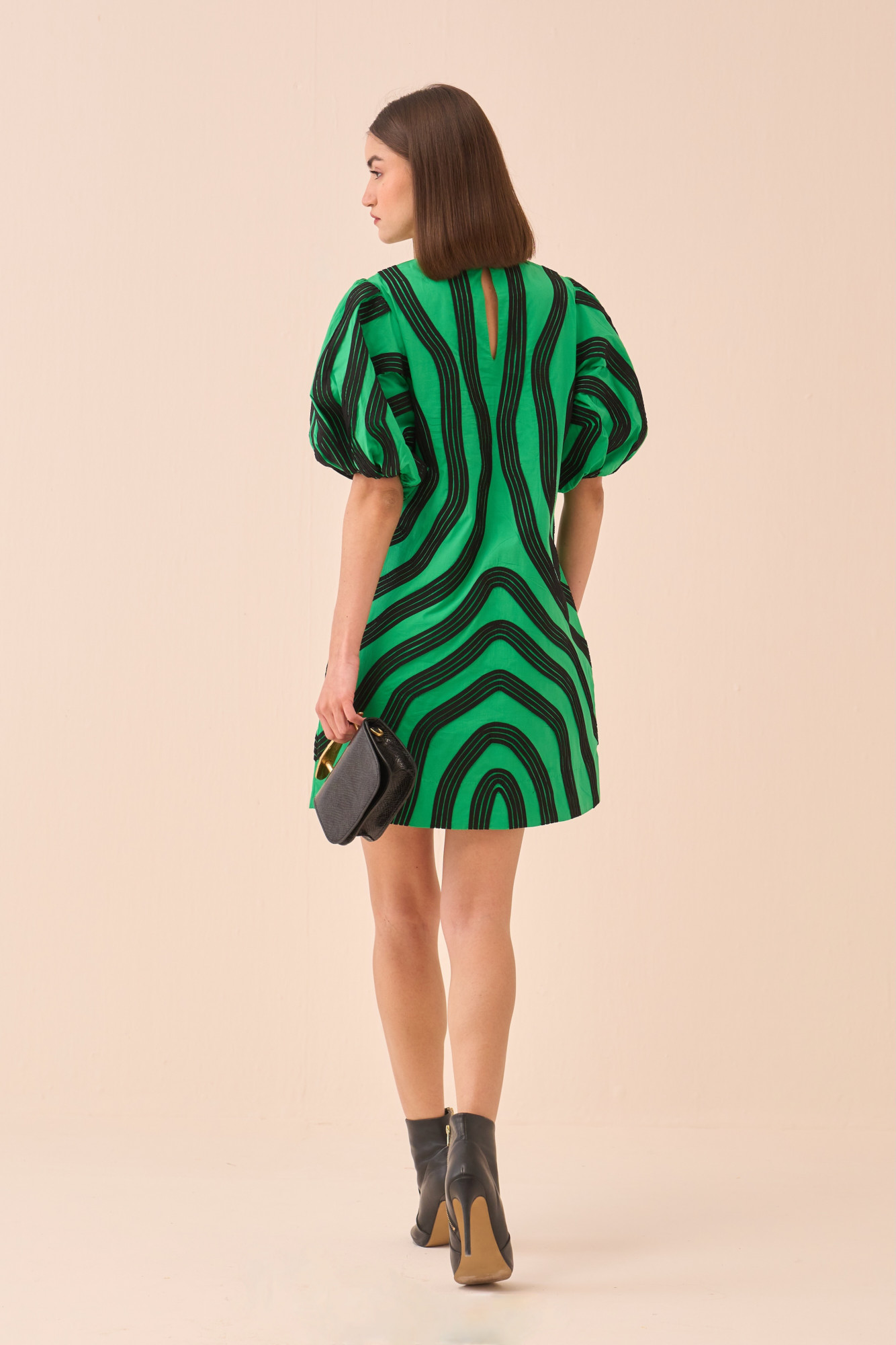 CASABLANCA GREEN COLOUR COTTON POPLIN DRESS WITH BLACK PIPING DETAILING ALL OVER