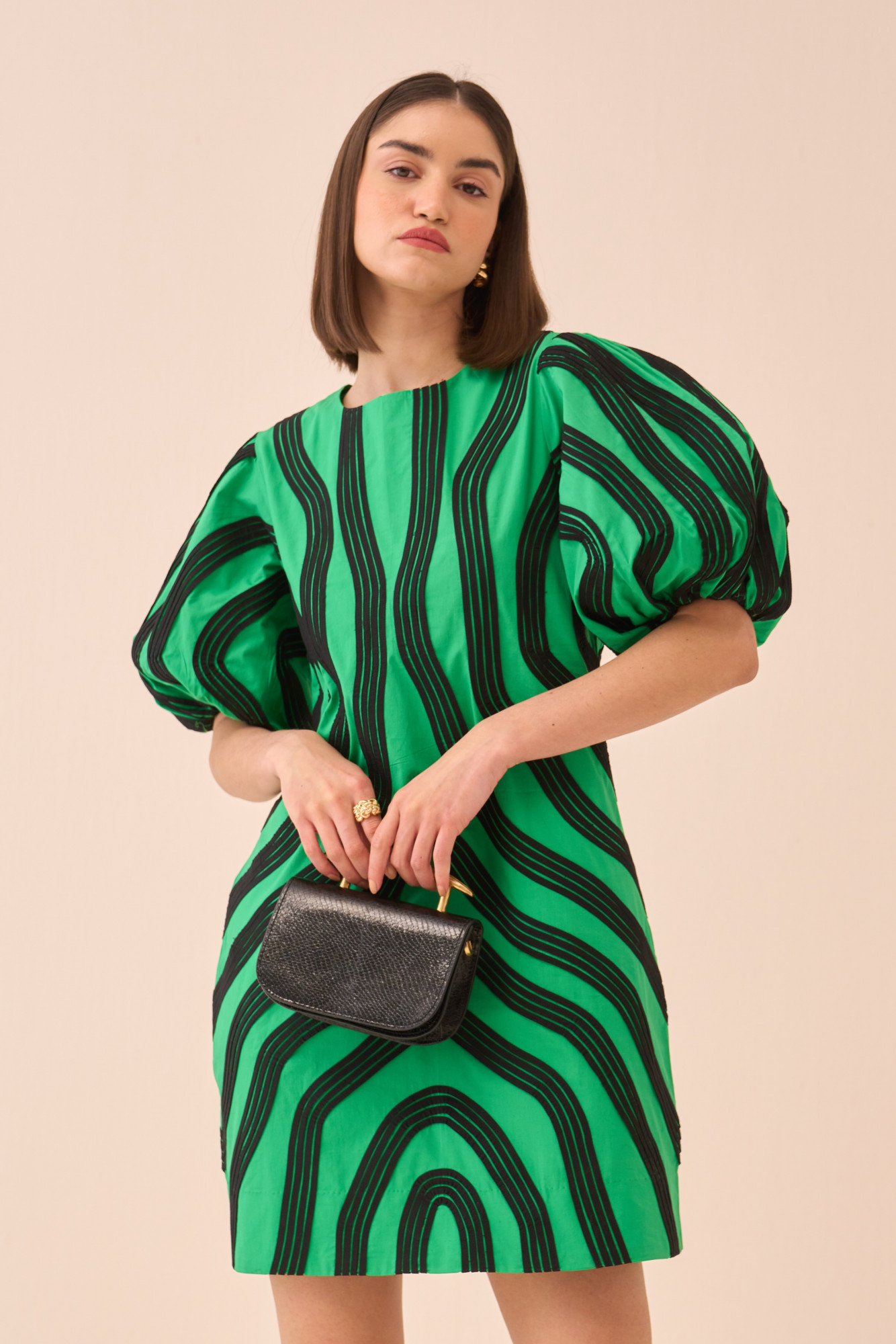 CASABLANCA GREEN COLOUR COTTON POPLIN DRESS WITH BLACK PIPING DETAILING ALL OVER