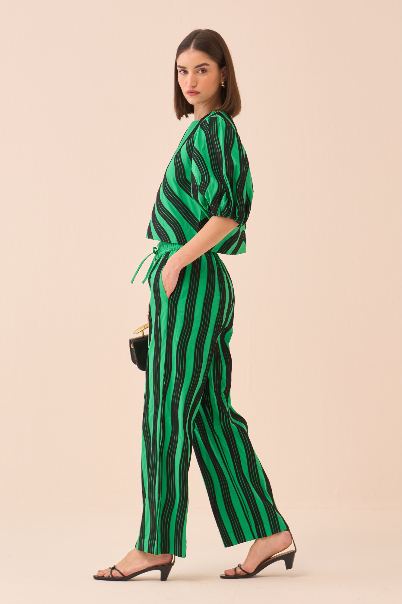 CASABLANCA GREEN COTTON POPLIN TOP AND PANT CO-ORD SET WITH BLACK FABRIC PIPING DETAILING ALL OVER