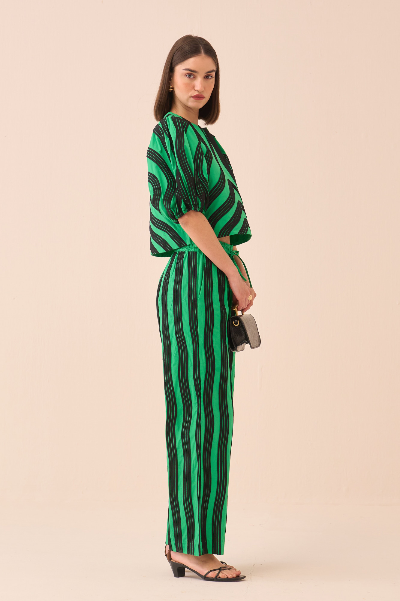 CASABLANCA GREEN COTTON POPLIN TOP AND PANT CO-ORD SET WITH BLACK FABRIC PIPING DETAILING ALL OVER