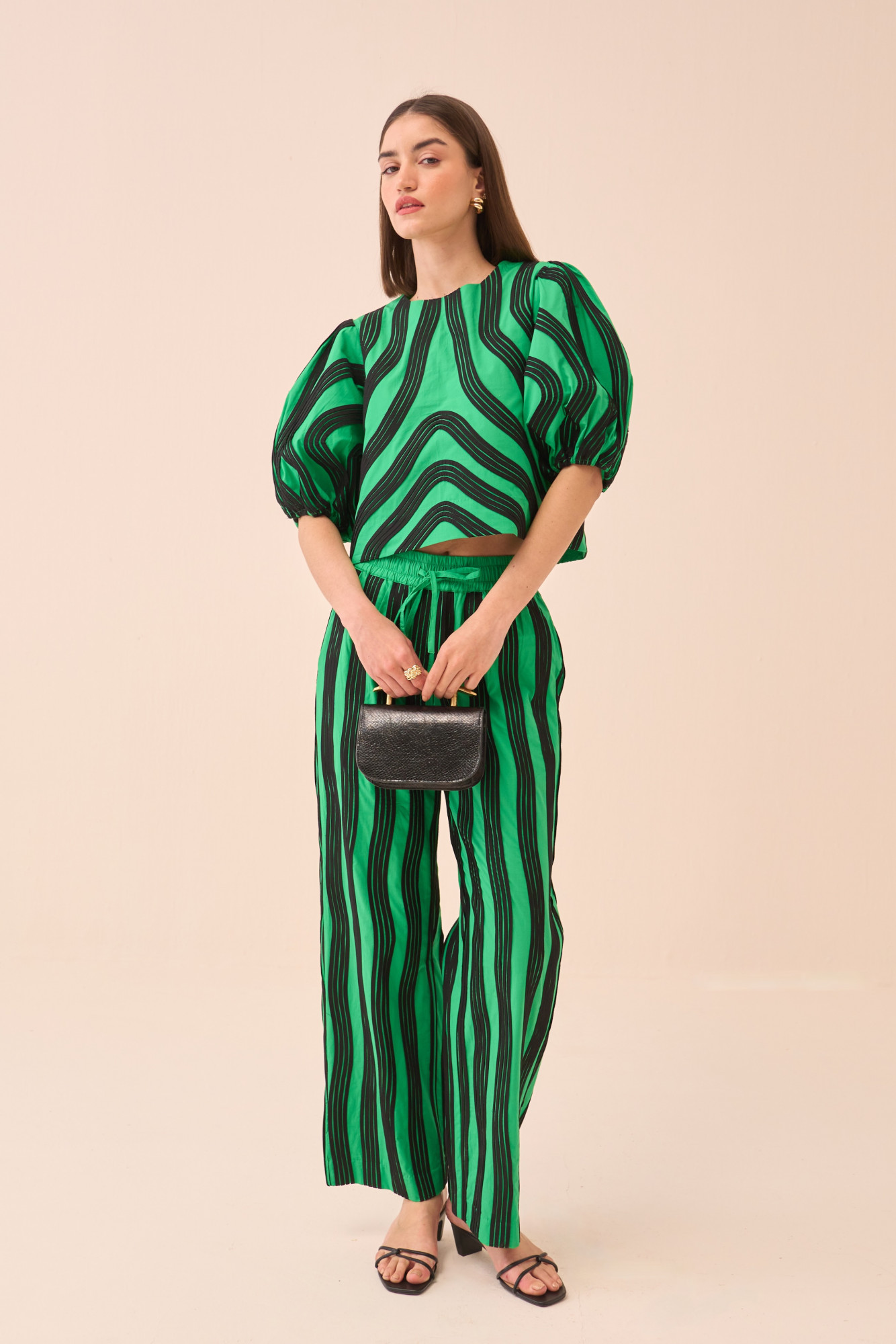 CASABLANCA GREEN COTTON POPLIN TOP AND PANT CO-ORD SET WITH BLACK FABRIC PIPING DETAILING ALL OVER
