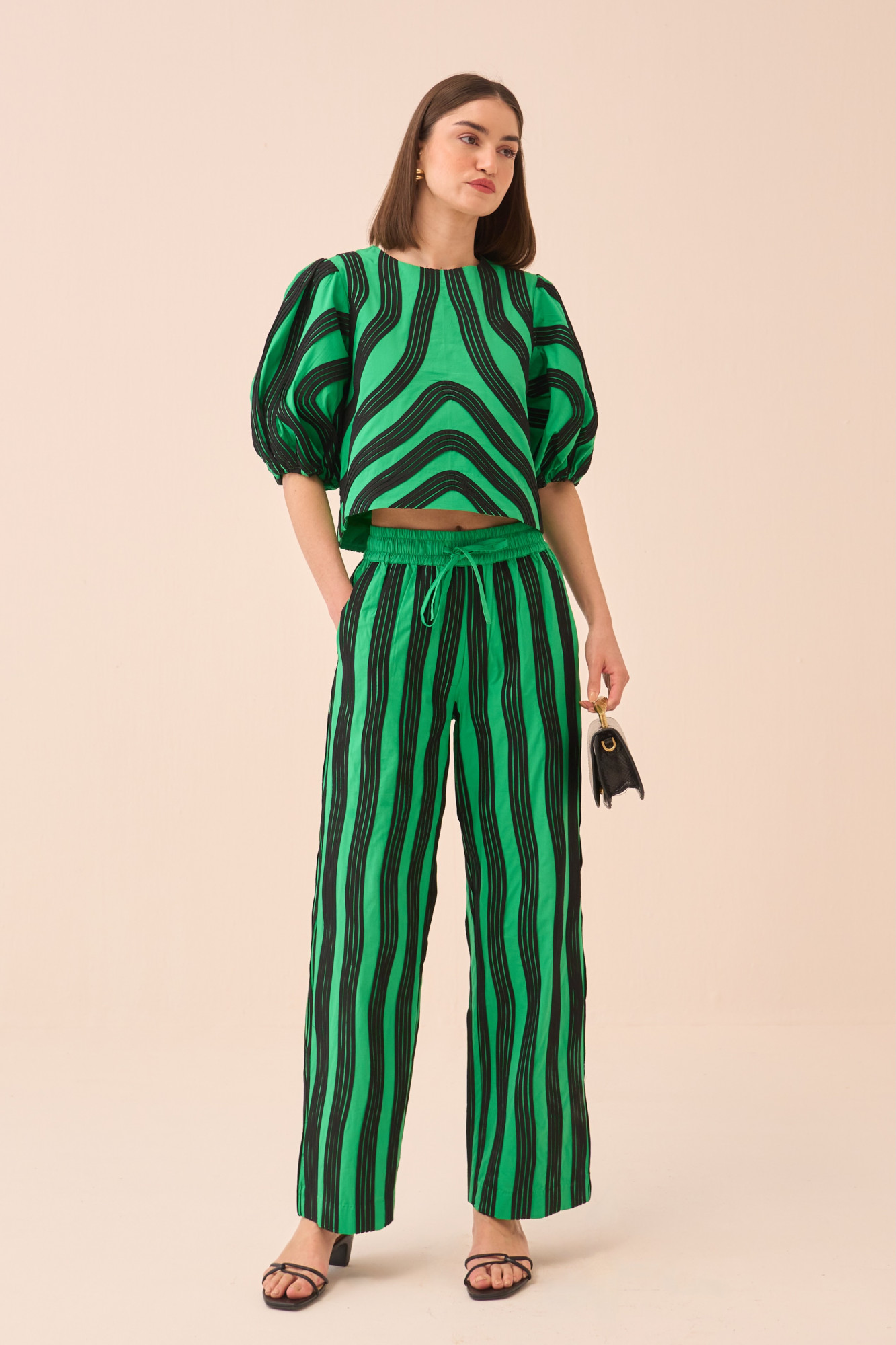 CASABLANCA GREEN COTTON POPLIN TOP AND PANT CO-ORD SET WITH BLACK FABRIC PIPING DETAILING ALL OVER