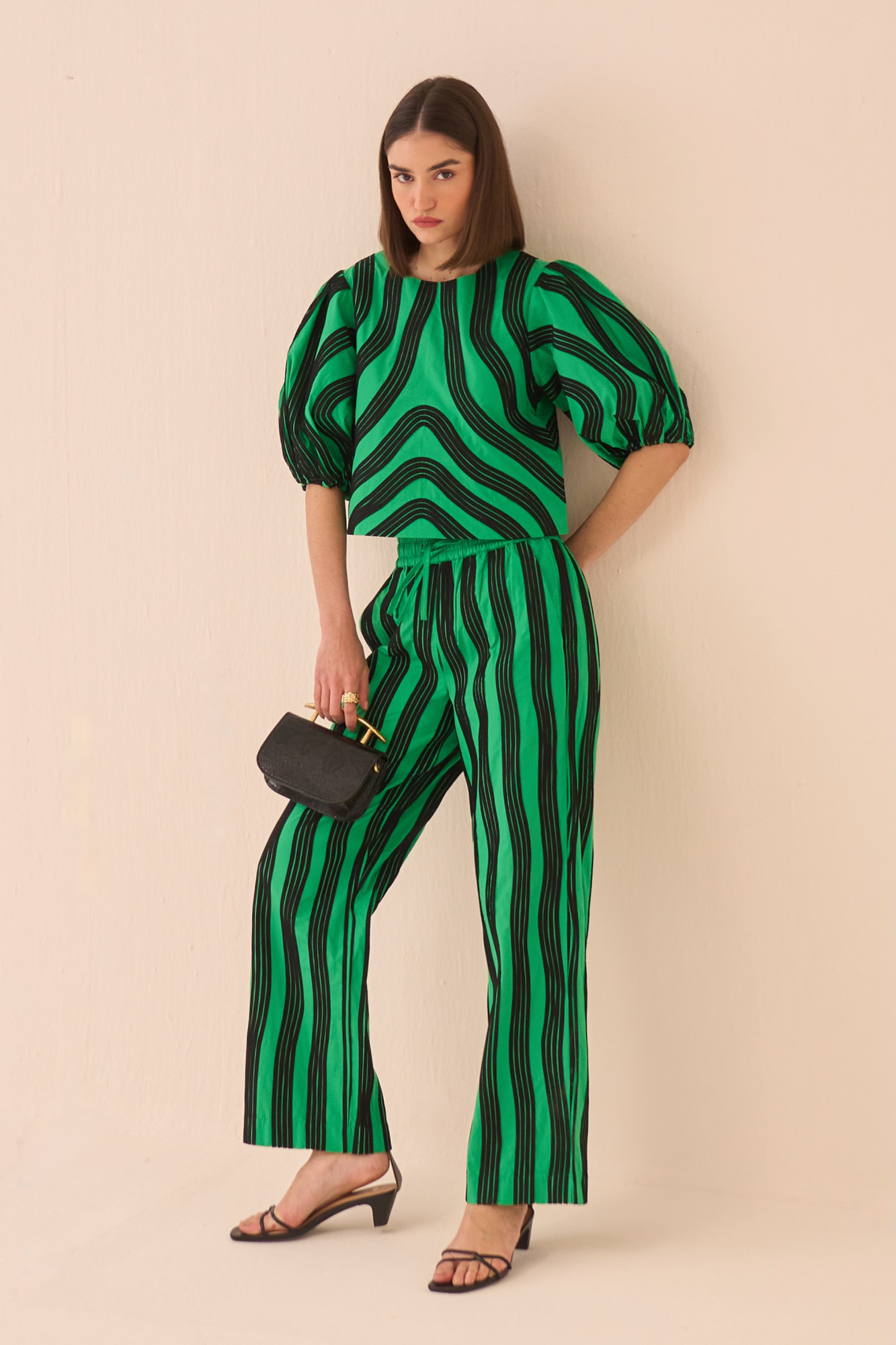 CASABLANCA GREEN COTTON POPLIN TOP AND PANT CO-ORD SET WITH BLACK FABRIC PIPING DETAILING ALL OVER