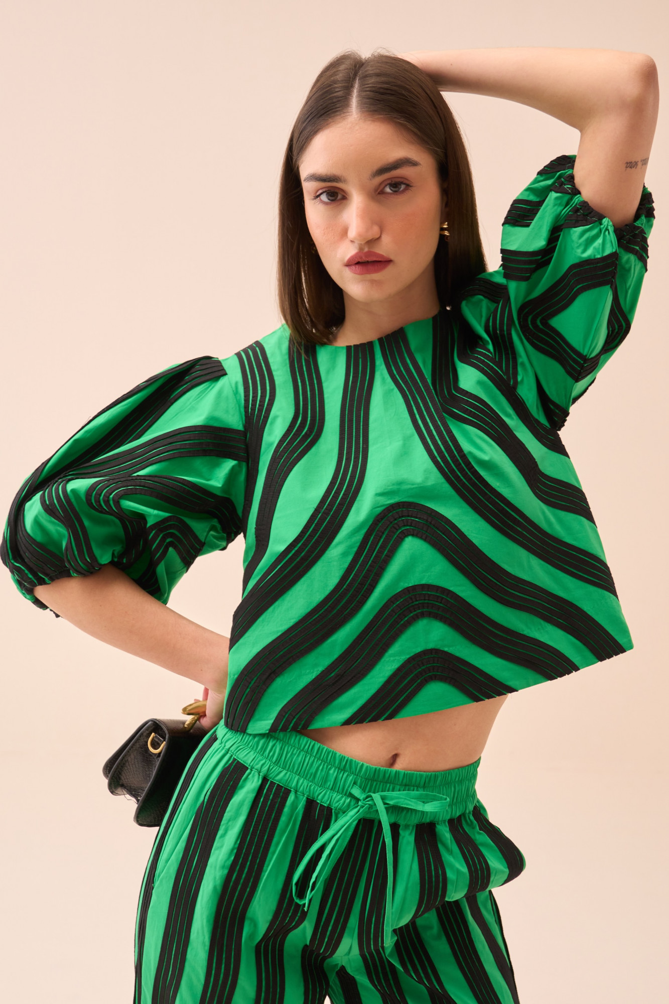 CASABLANCA GREEN COTTON POPLIN TOP AND PANT CO-ORD SET WITH BLACK FABRIC PIPING DETAILING ALL OVER