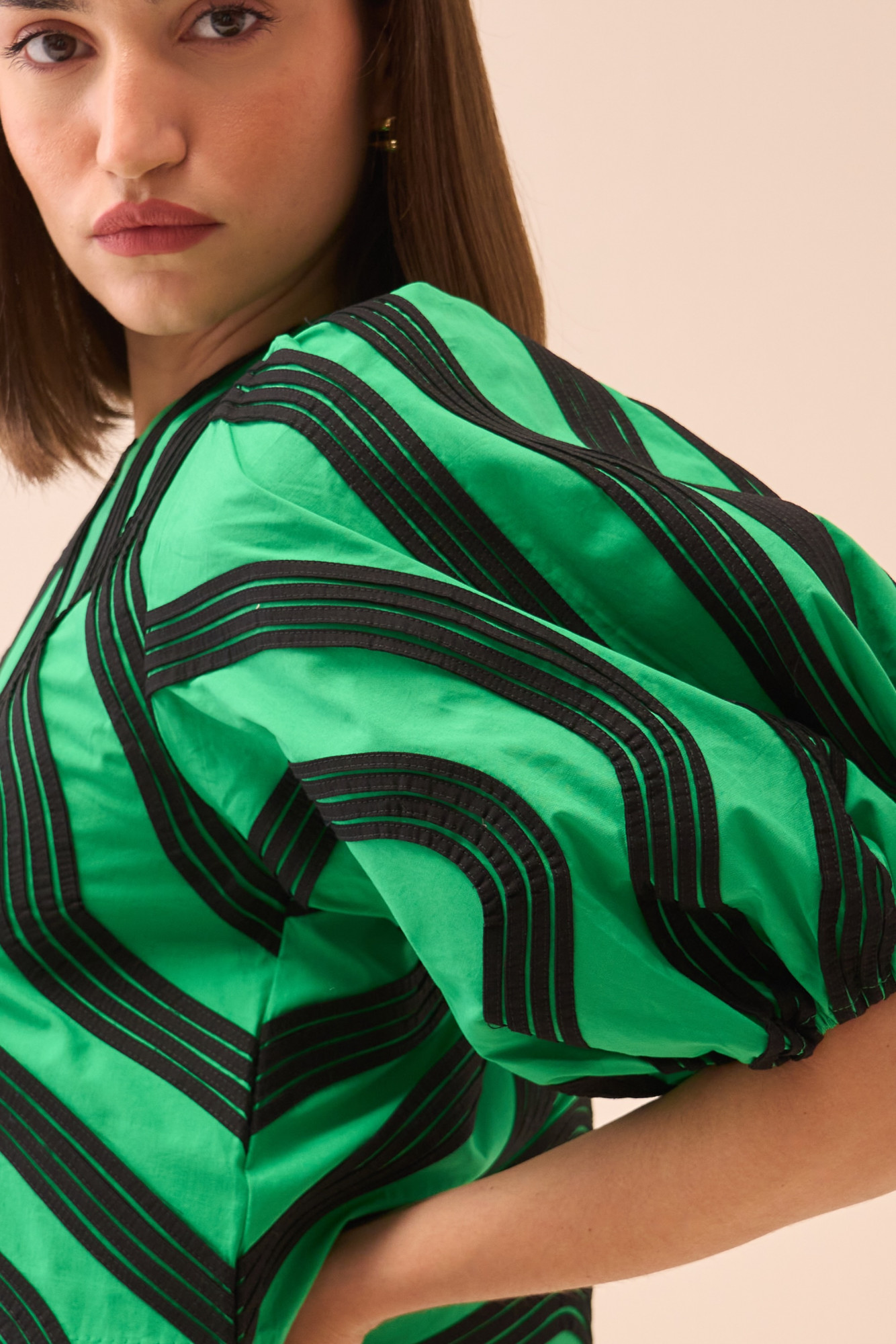 CASABLANCA GREEN COTTON POPLIN TOP AND PANT CO-ORD SET WITH BLACK FABRIC PIPING DETAILING ALL OVER