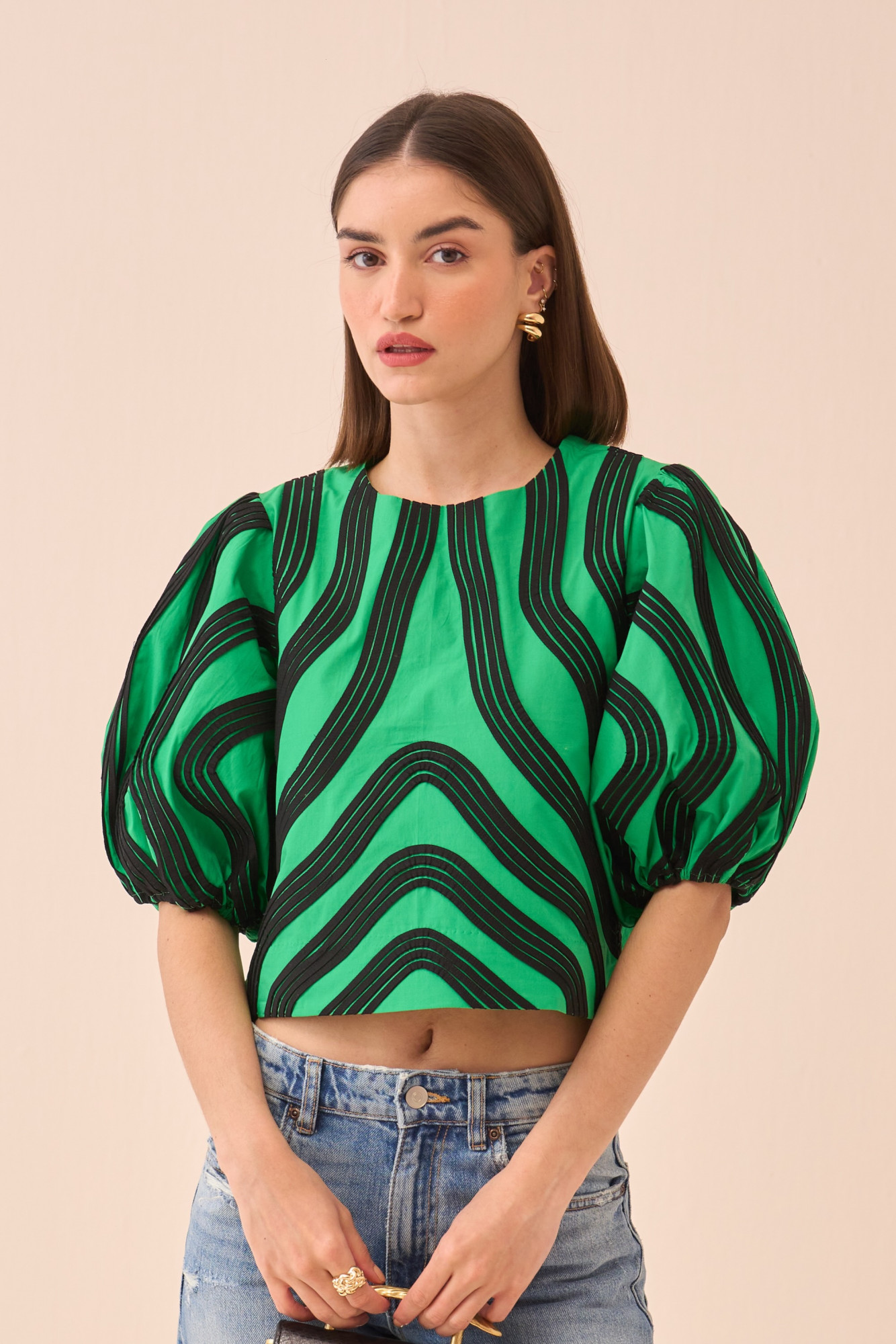 CASABLANCA GREEN COTTON POPLIN TOP WITH BLACK COLOUR PIPING DETAILING