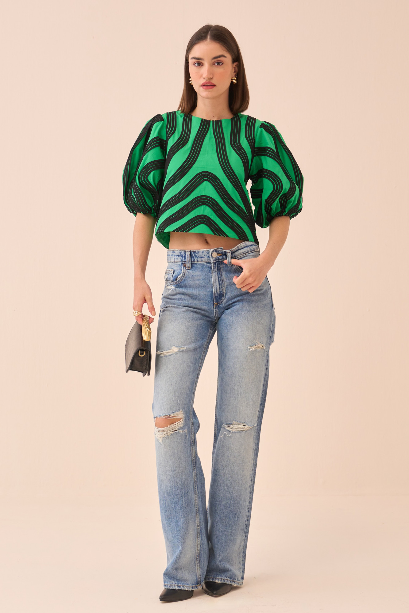 CASABLANCA GREEN COTTON POPLIN TOP WITH BLACK COLOUR PIPING DETAILING