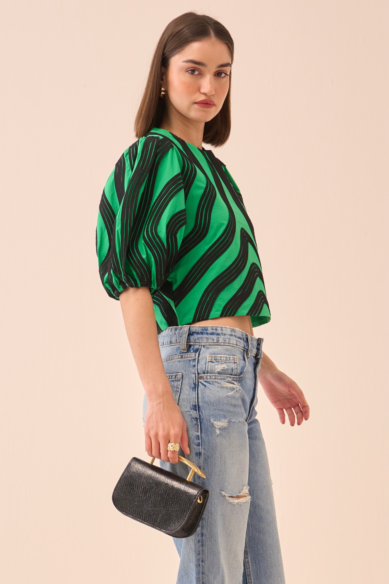 CASABLANCA GREEN COTTON POPLIN TOP WITH BLACK COLOUR PIPING DETAILING