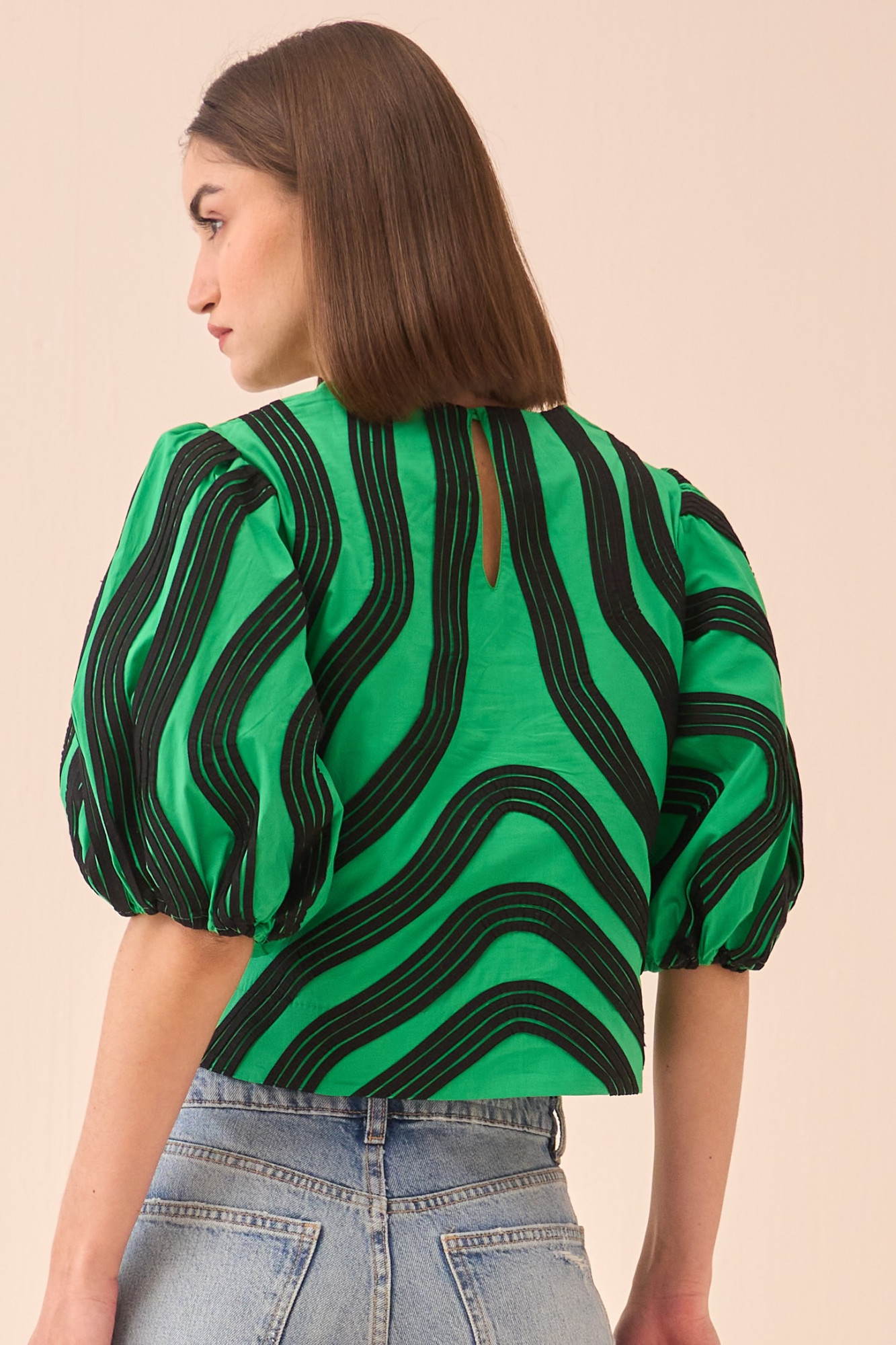 CASABLANCA GREEN COTTON POPLIN TOP WITH BLACK COLOUR PIPING DETAILING