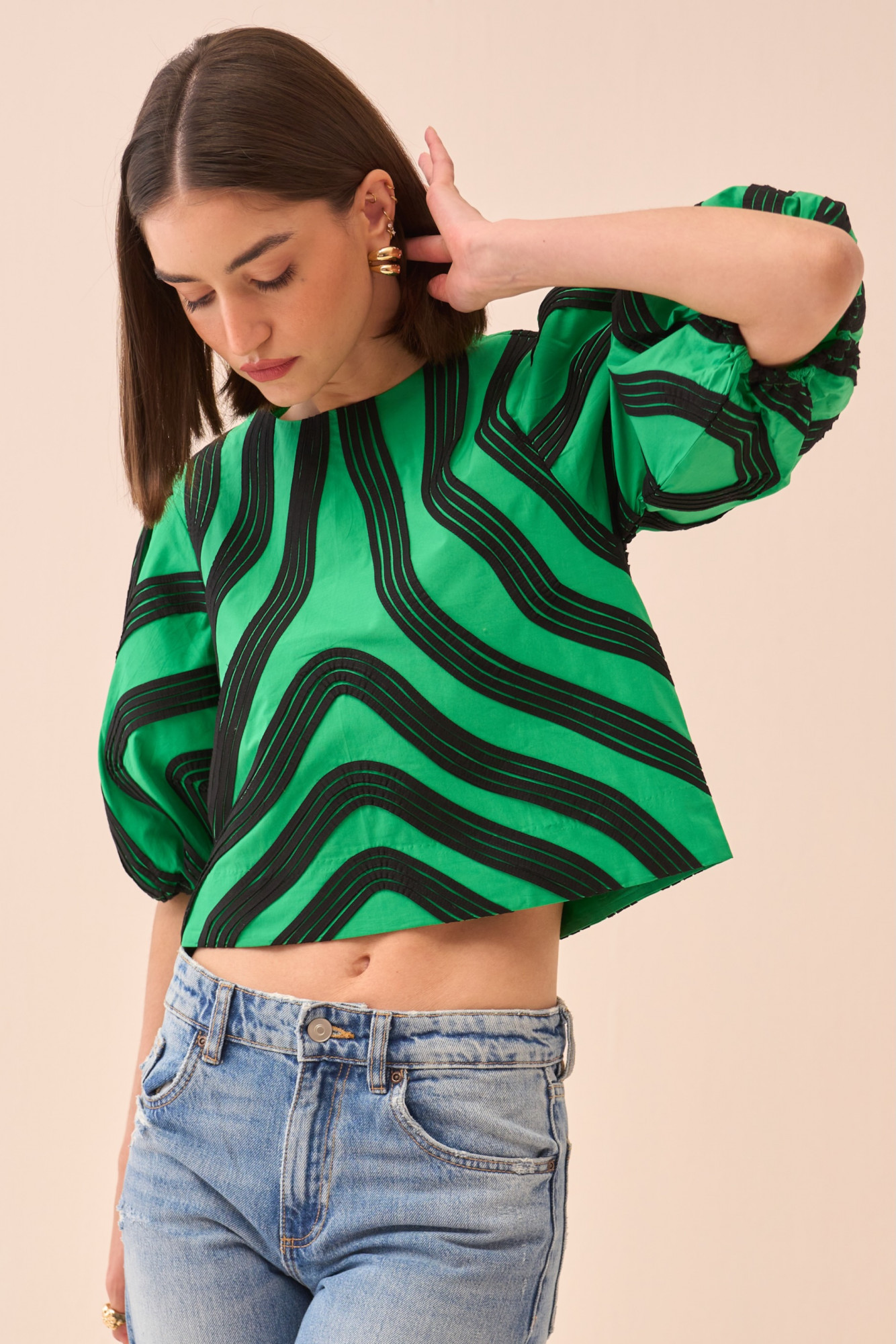 CASABLANCA GREEN COTTON POPLIN TOP WITH BLACK COLOUR PIPING DETAILING