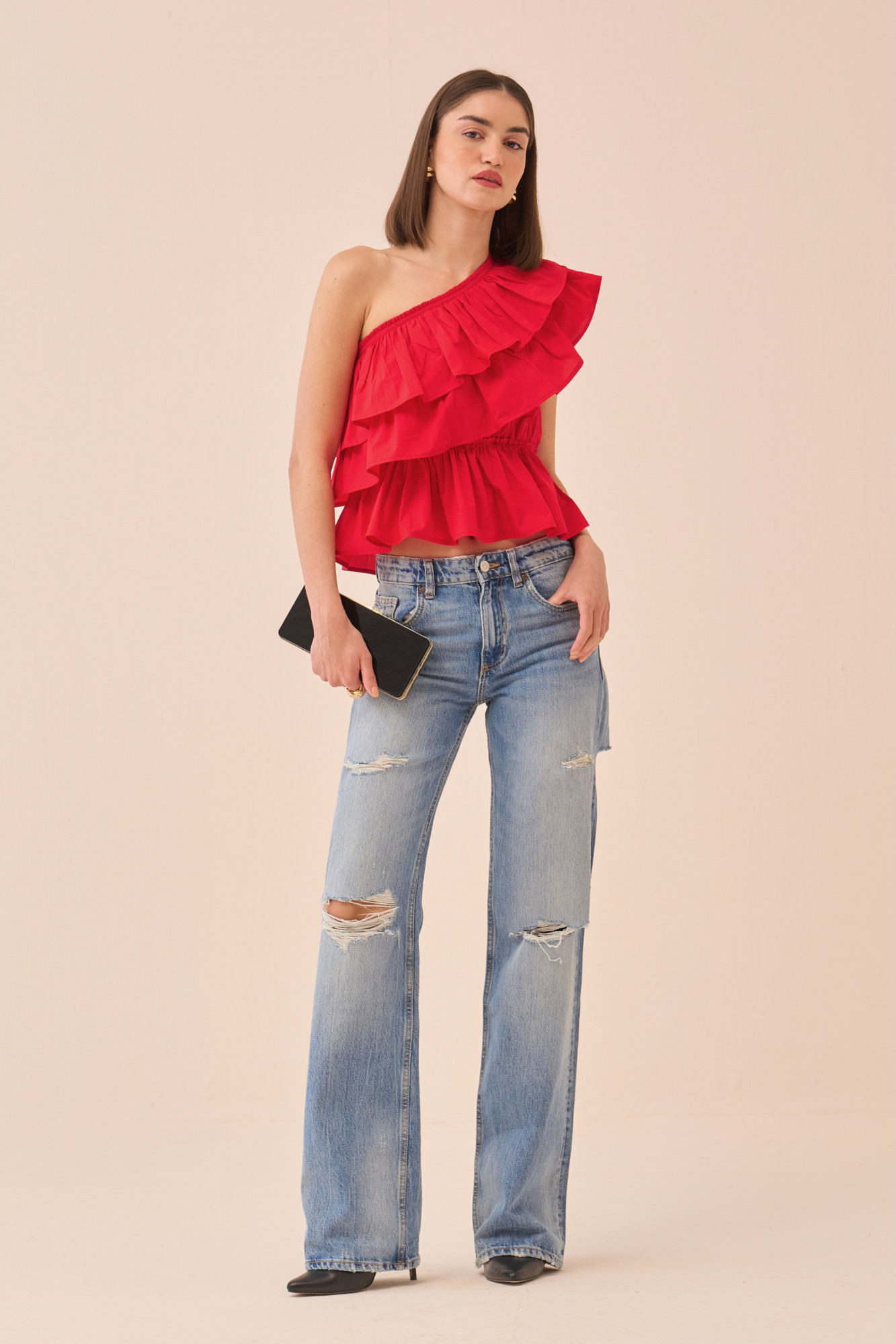CASABLANCA RED COLOUR COTTON POPLIN ONE SIDE SHOULDER FRILL TOP