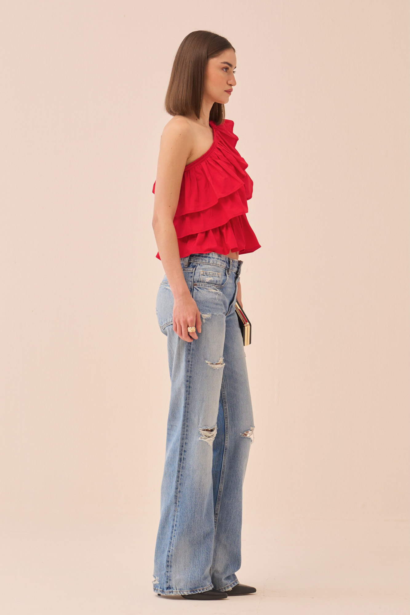 CASABLANCA RED COLOUR COTTON POPLIN ONE SIDE SHOULDER FRILL TOP