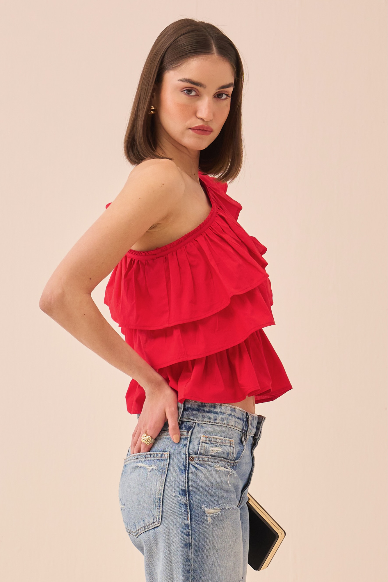 CASABLANCA RED COLOUR COTTON POPLIN ONE SIDE SHOULDER FRILL TOP