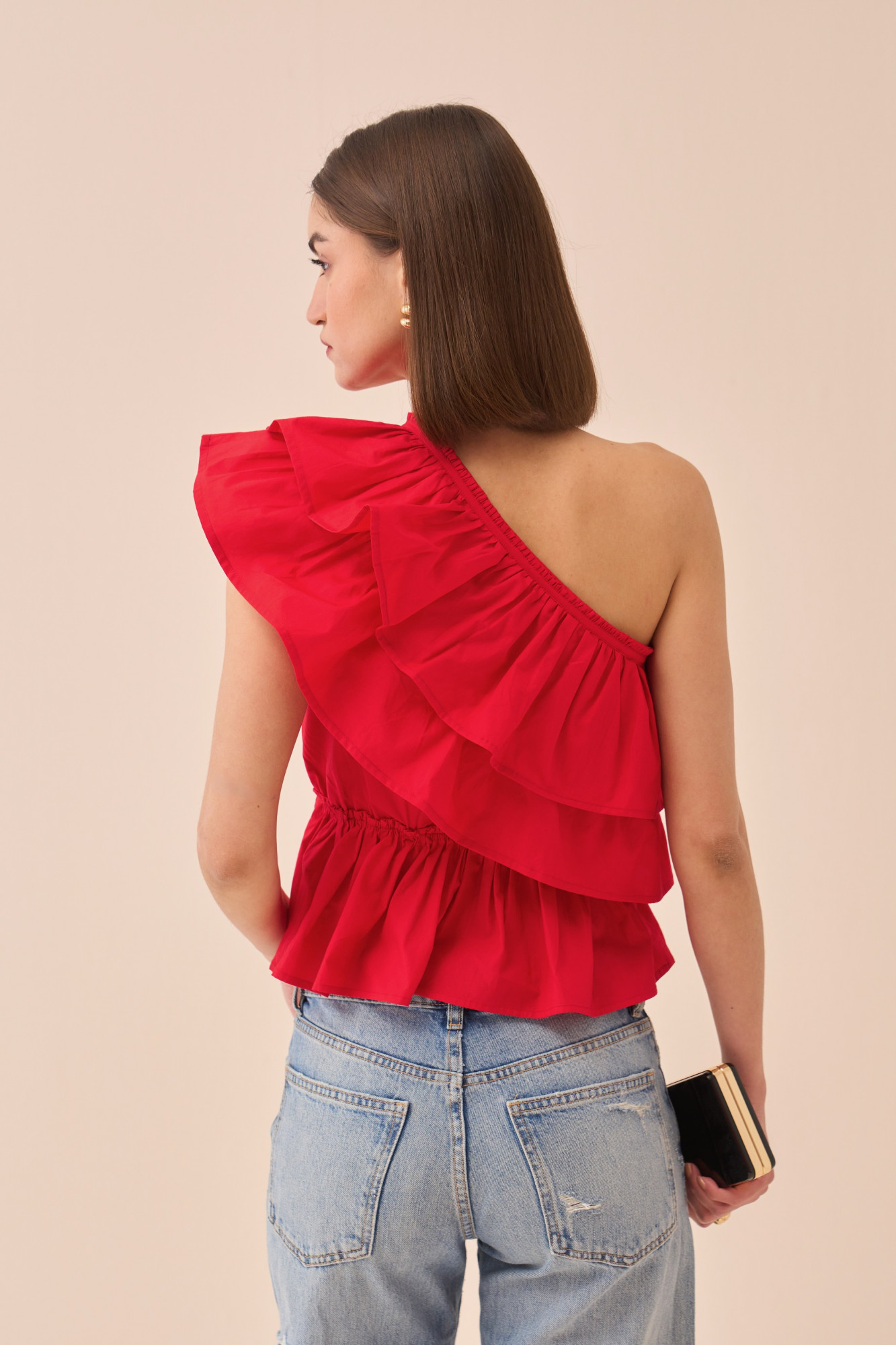 CASABLANCA RED COLOUR COTTON POPLIN ONE SIDE SHOULDER FRILL TOP
