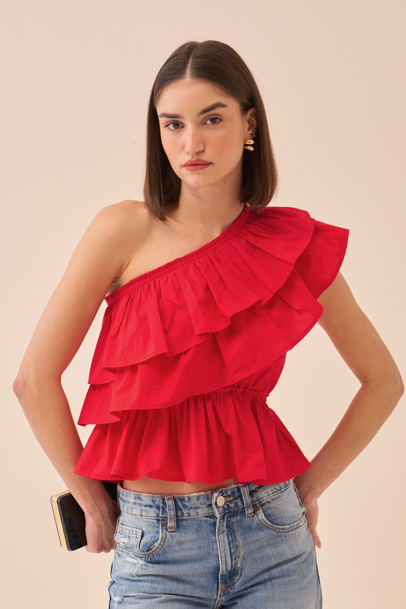 CASABLANCA RED COLOUR COTTON POPLIN ONE SIDE SHOULDER FRILL TOP