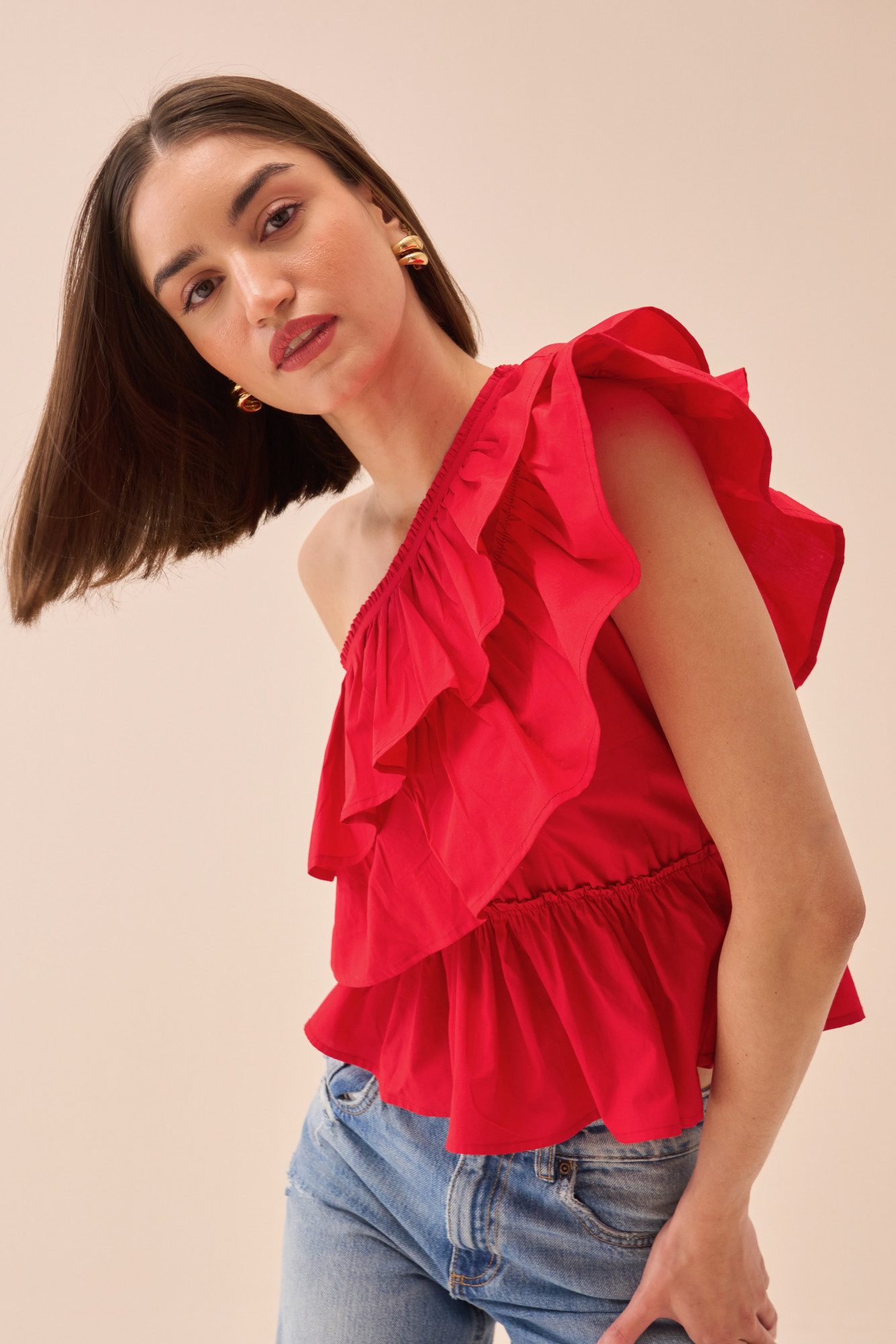 CASABLANCA RED COLOUR COTTON POPLIN ONE SIDE SHOULDER FRILL TOP