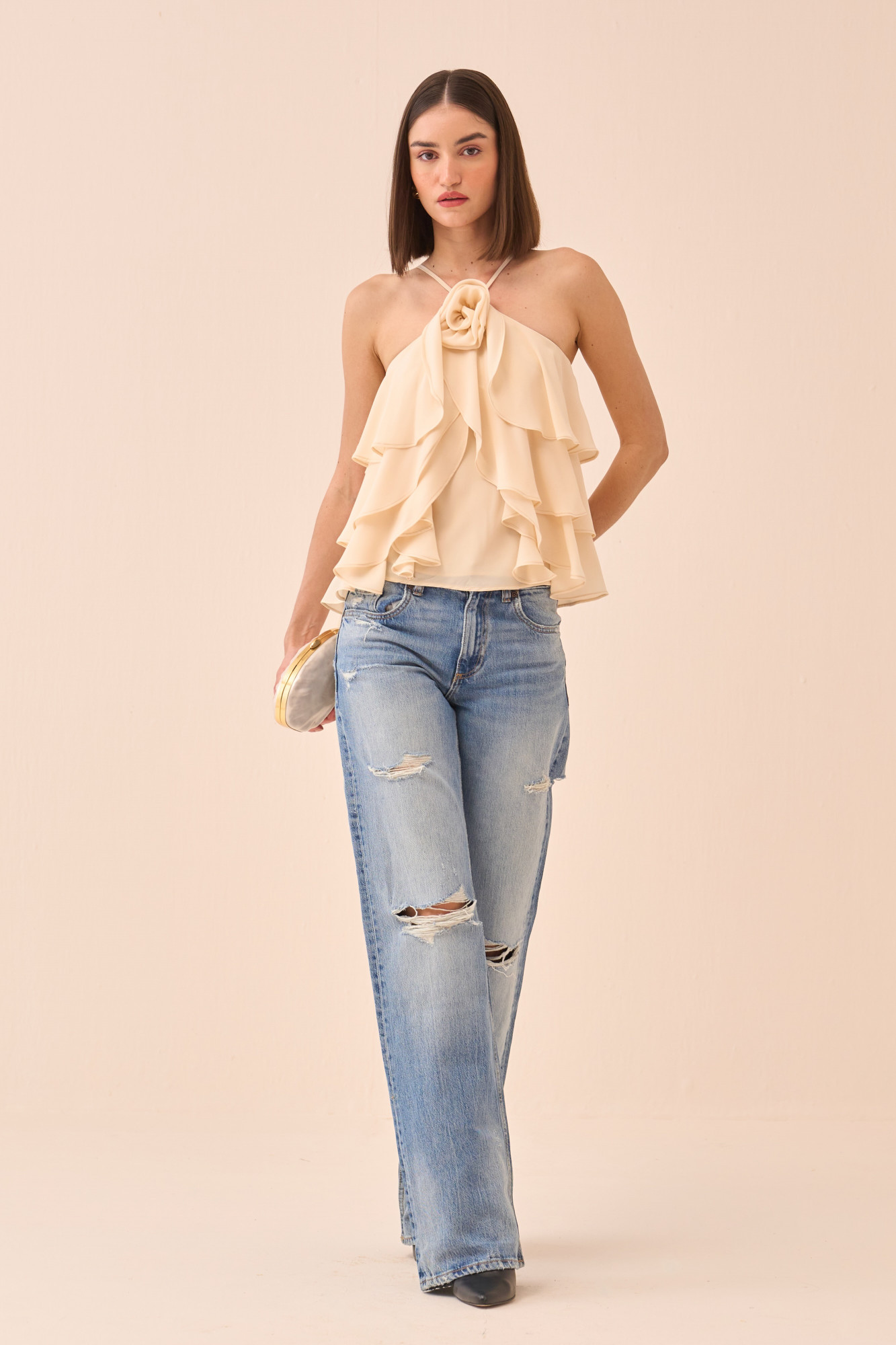 CASABLANCA CREAM COLOUR TANK TOP WITH ALL OVER RUFFLE DETAILING