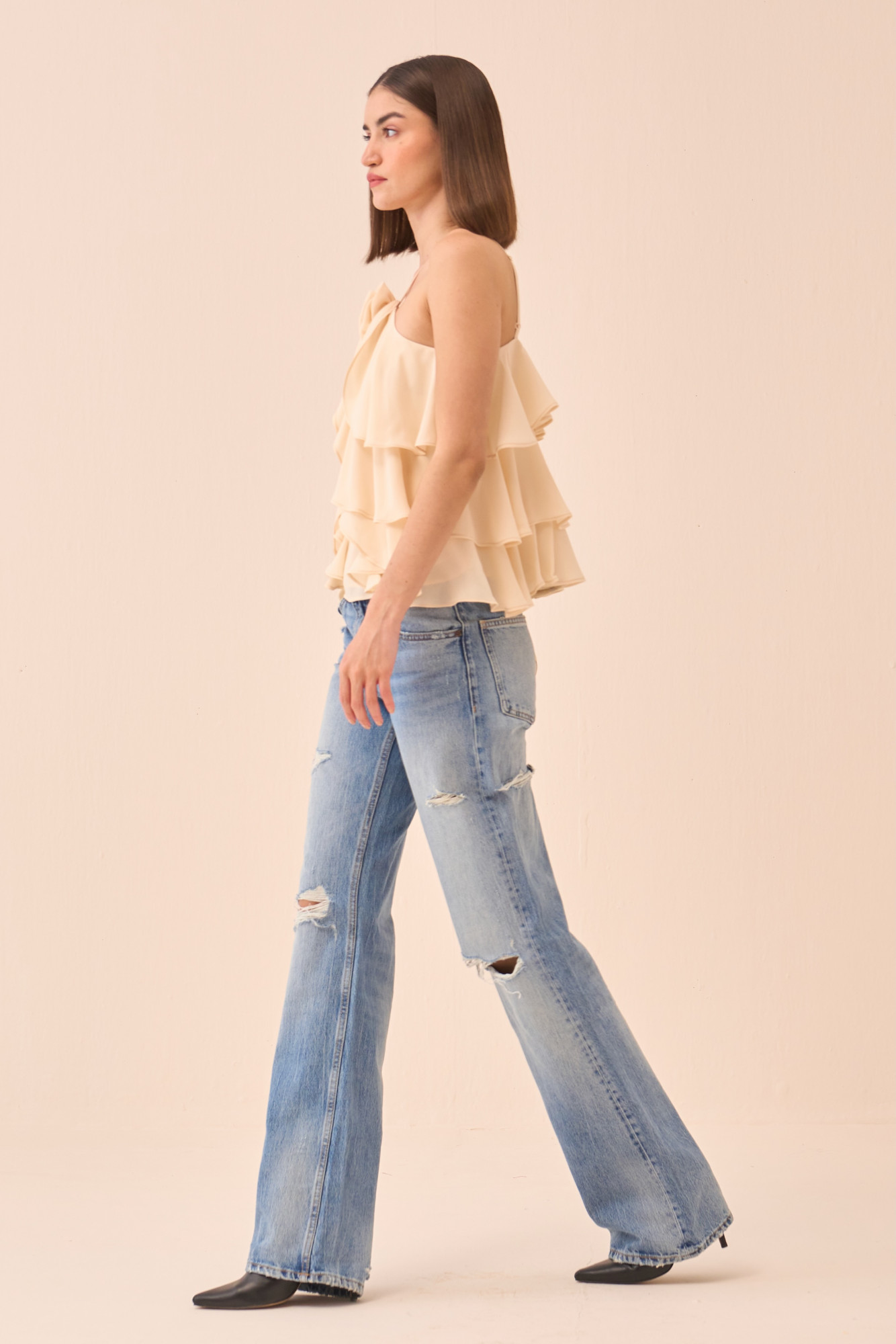 CASABLANCA CREAM COLOUR TANK TOP WITH ALL OVER RUFFLE DETAILING