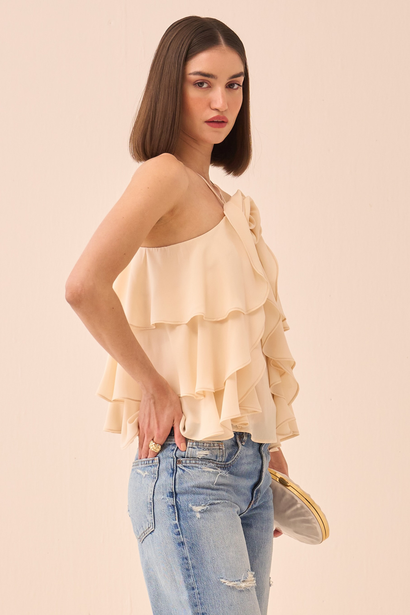 CASABLANCA CREAM COLOUR TANK TOP WITH ALL OVER RUFFLE DETAILING