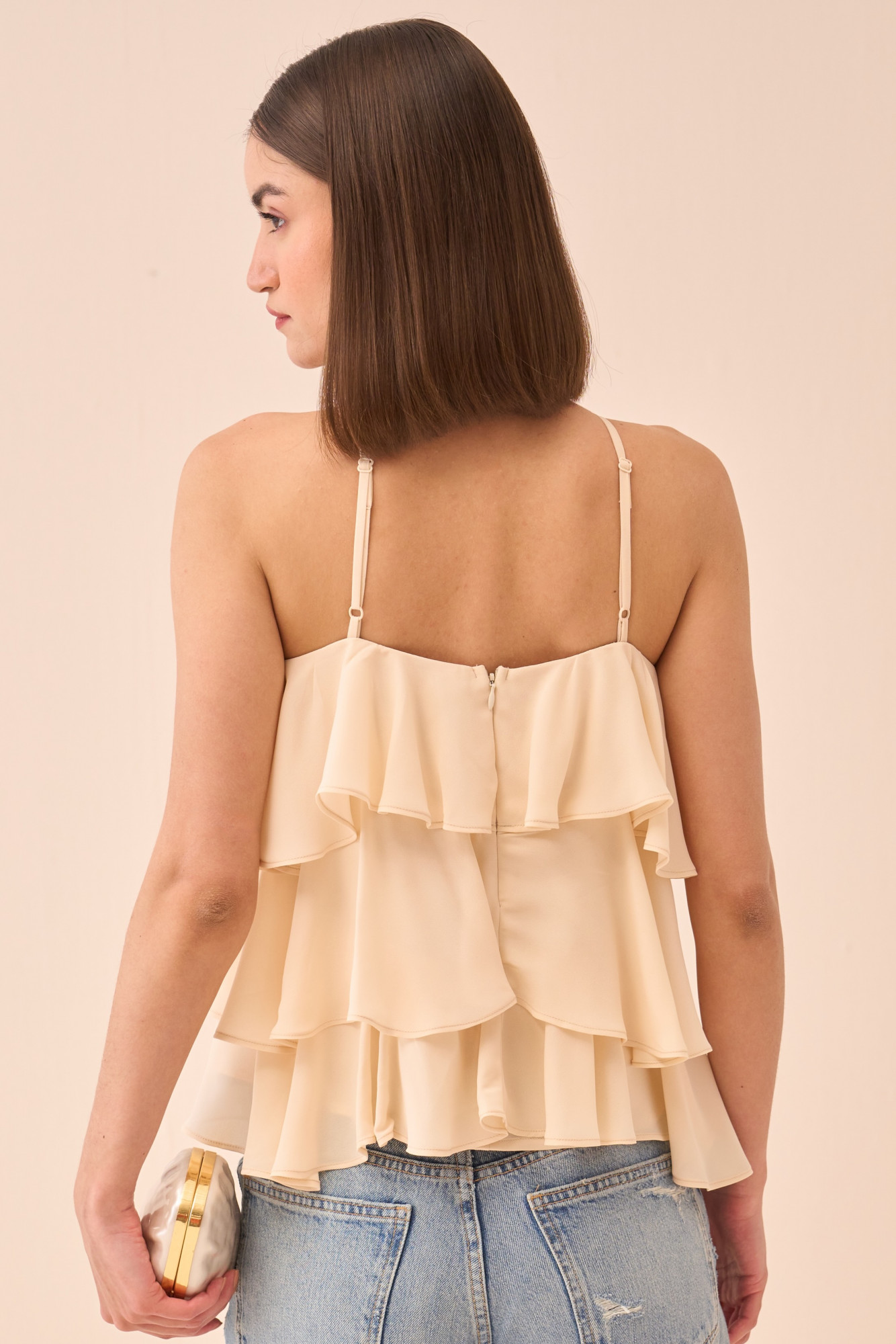 CASABLANCA CREAM COLOUR TANK TOP WITH ALL OVER RUFFLE DETAILING