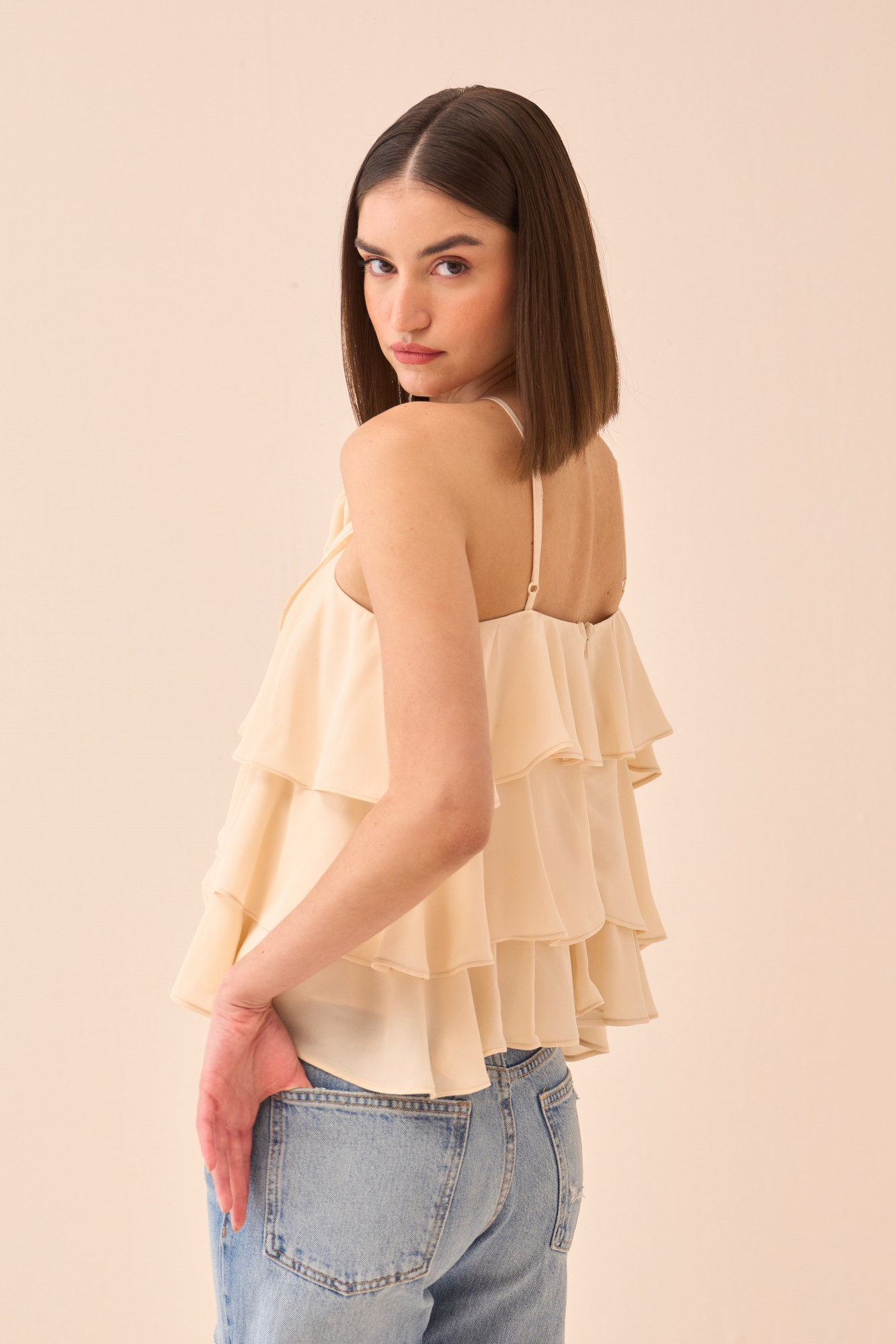 CASABLANCA CREAM COLOUR TANK TOP WITH ALL OVER RUFFLE DETAILING