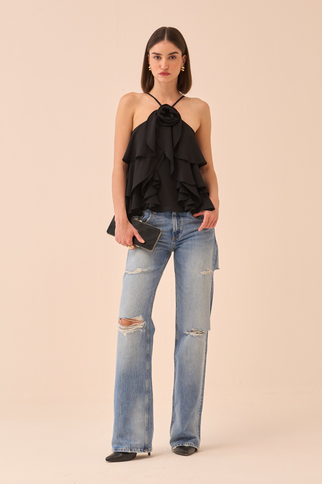 CASABLANCA BLACK COLOUR ALL OVER RUFFLE DETAIL TANK TOP