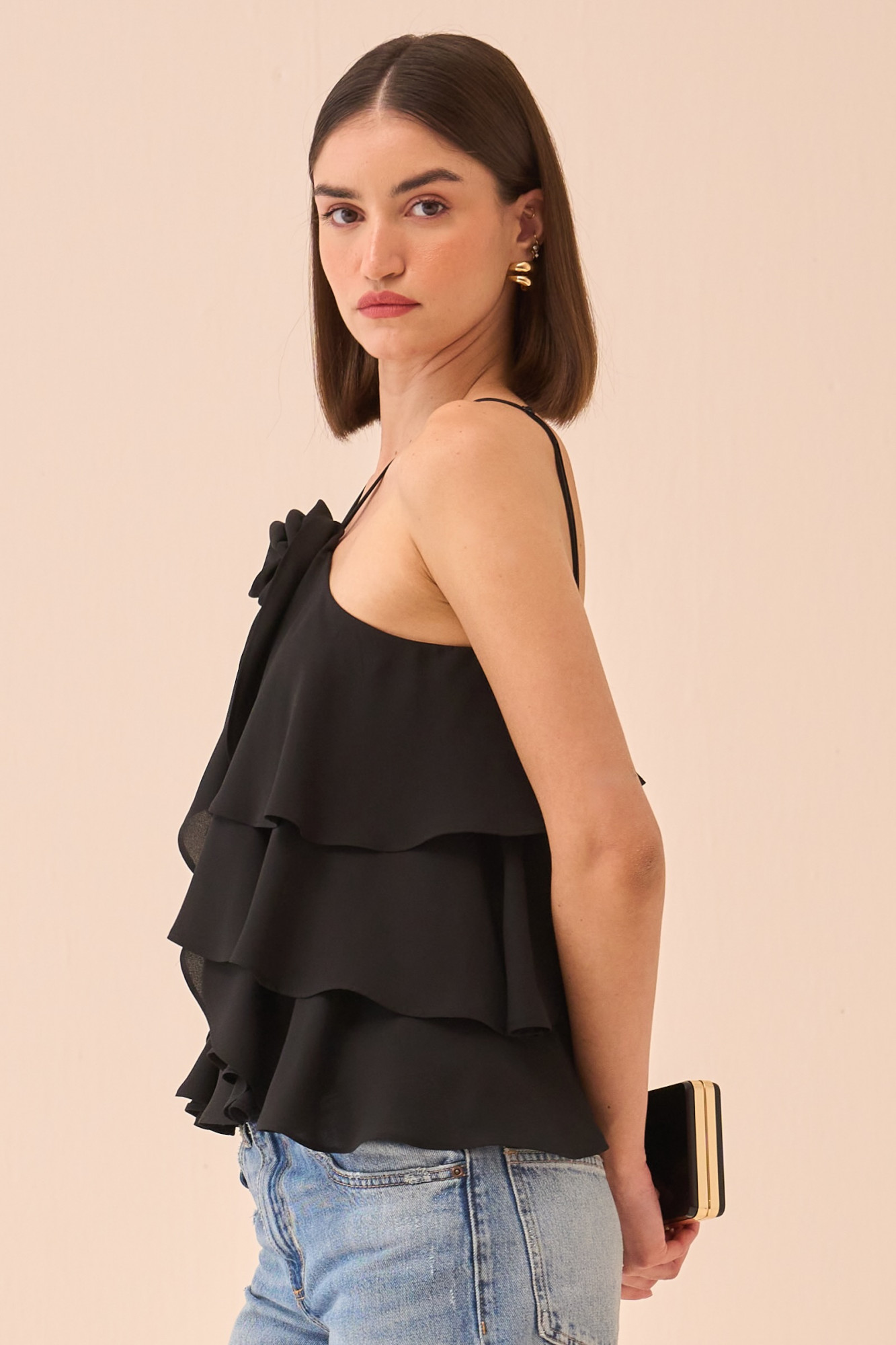 CASABLANCA BLACK COLOUR ALL OVER RUFFLE DETAIL TANK TOP