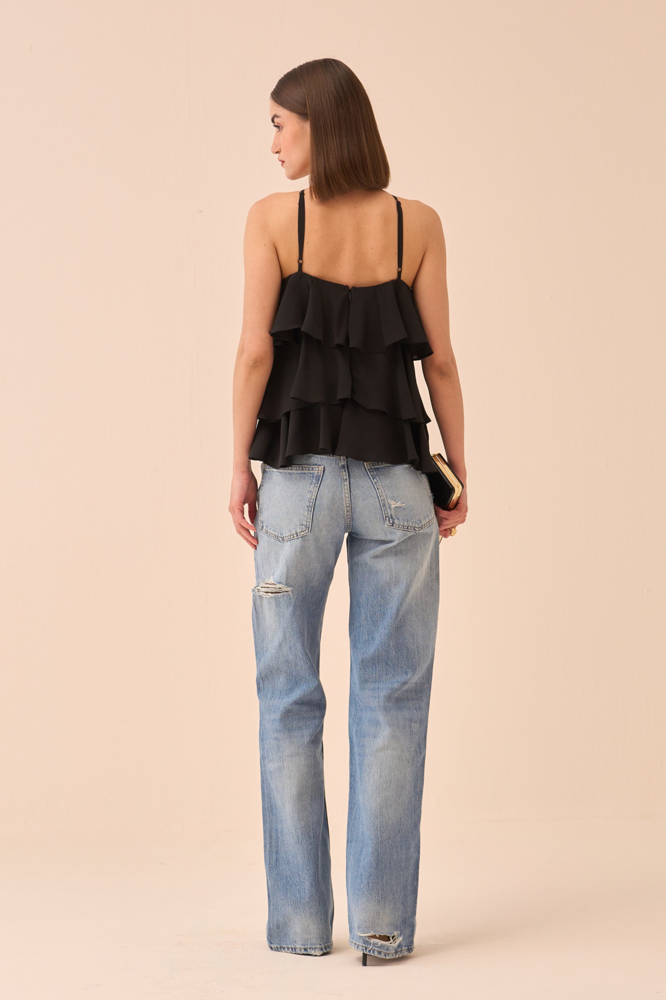 CASABLANCA BLACK COLOUR ALL OVER RUFFLE DETAIL TANK TOP