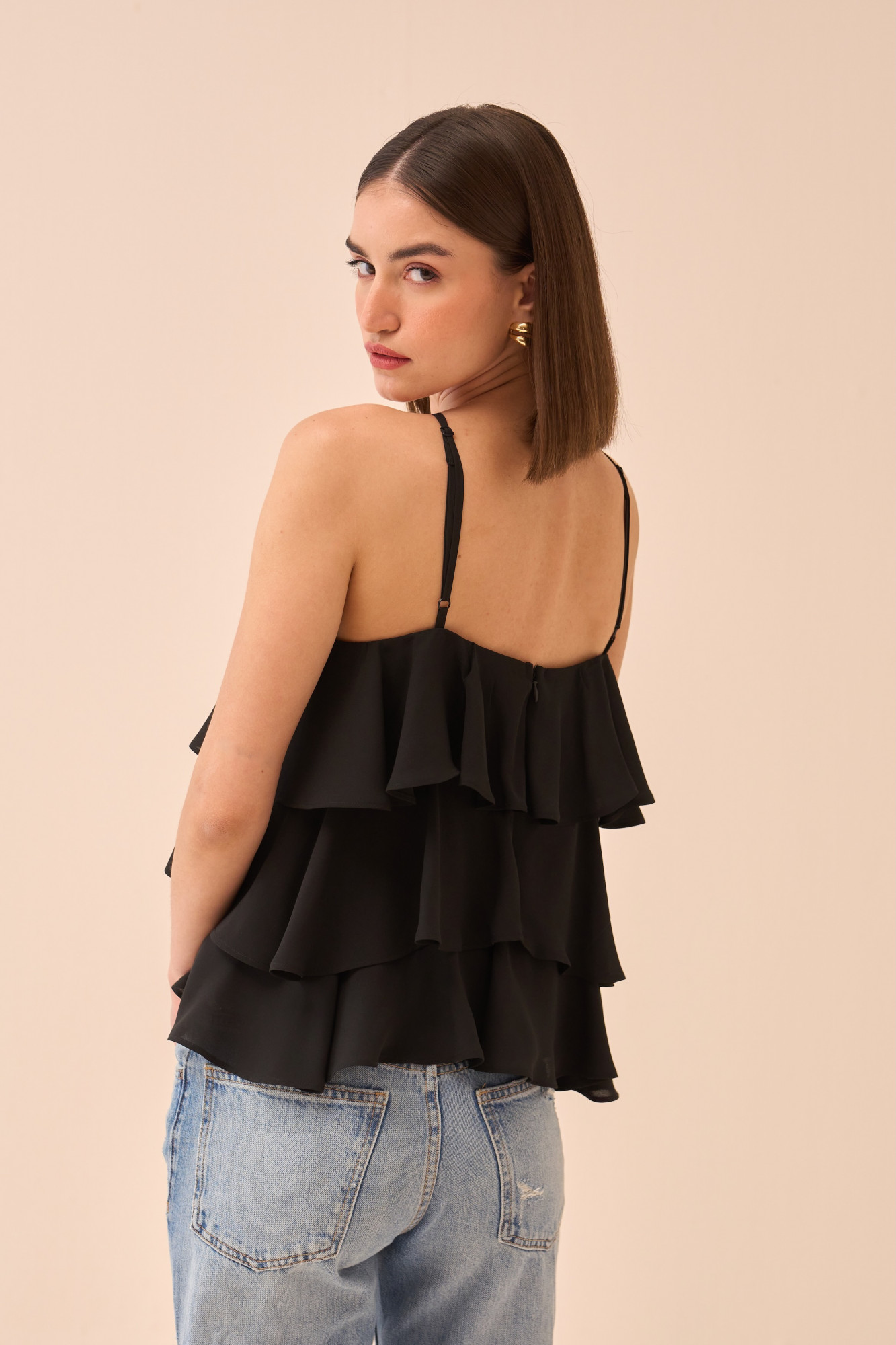 CASABLANCA BLACK COLOUR ALL OVER RUFFLE DETAIL TANK TOP